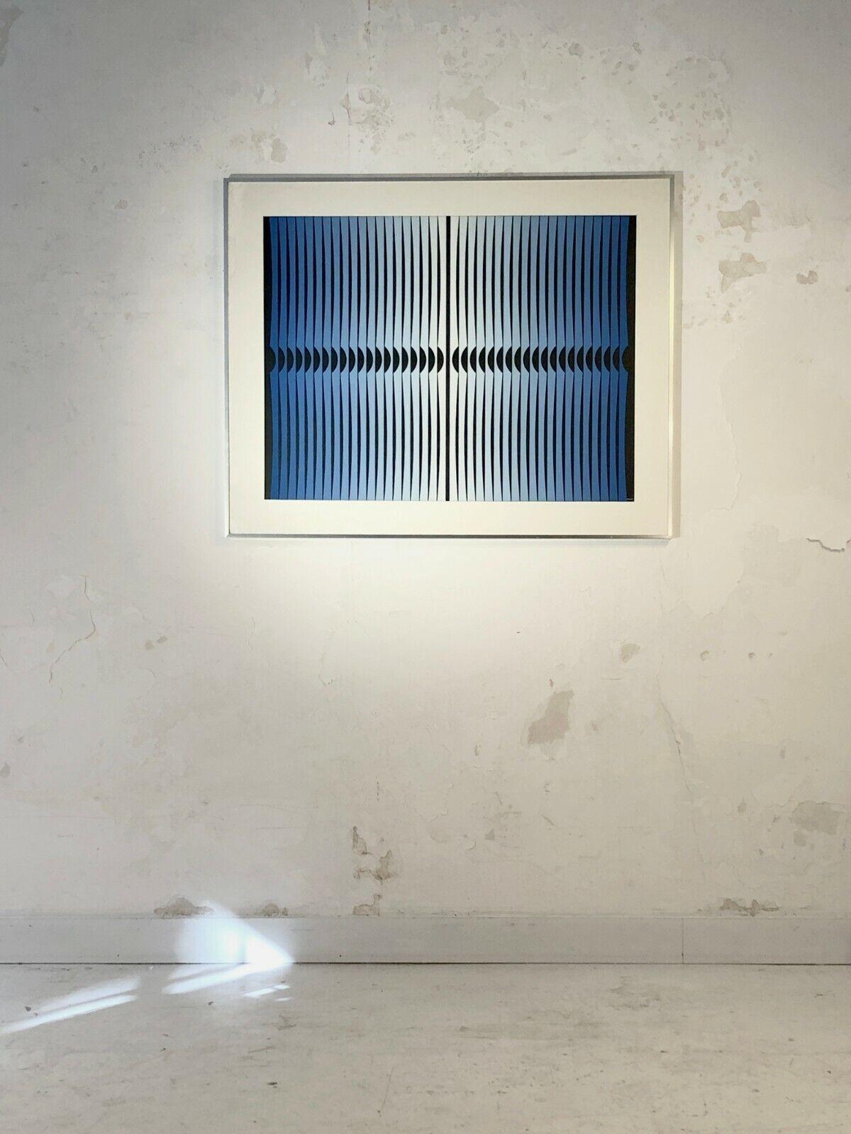 An authentic kinetic painting, Post-Modernist, Abstract Geometric, Op-Art, composition of interlocking geometric lines in gradients of blue, white, gray and black, with a very effective optical effect, of exceptional quality of execution, signed in