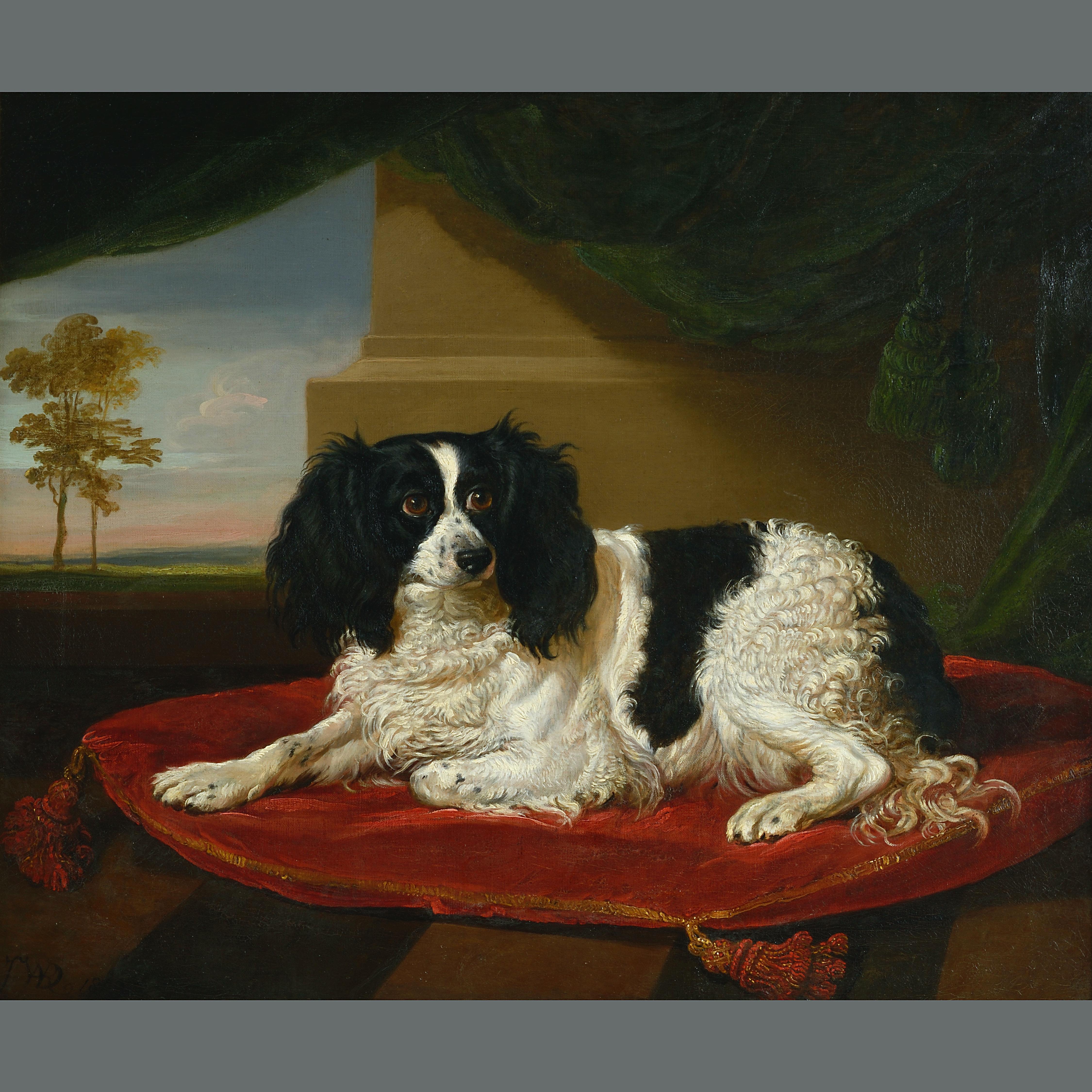 JAMES WARD, R.A. (1769-1859)

A KING CHARLES SPANIEL ON A RED CUSHION

signed with monogram and dated 'JWD 1809'

Oil on canvas.