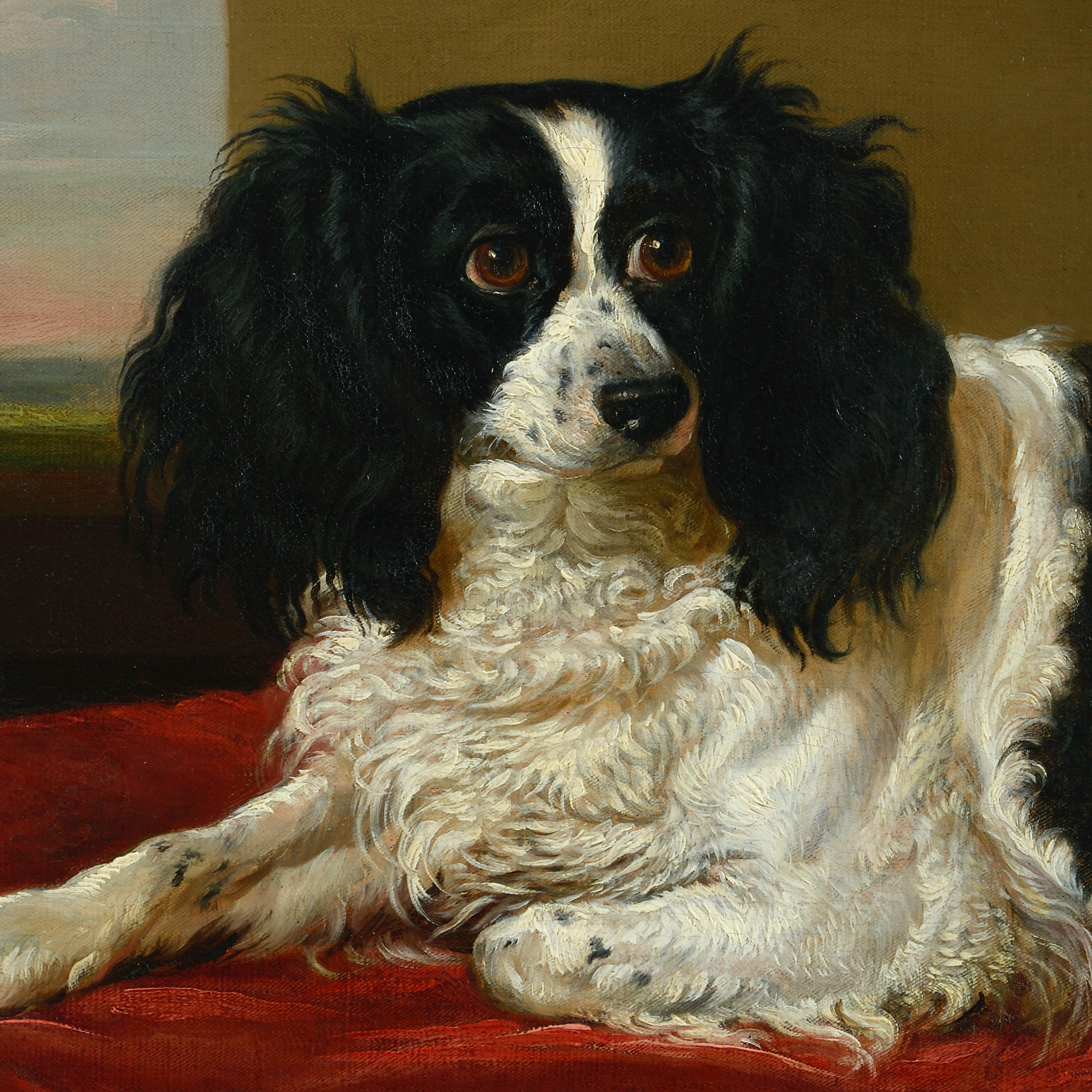 A King Charles Spaniel on a Red Cushion In Good Condition For Sale In London, GB