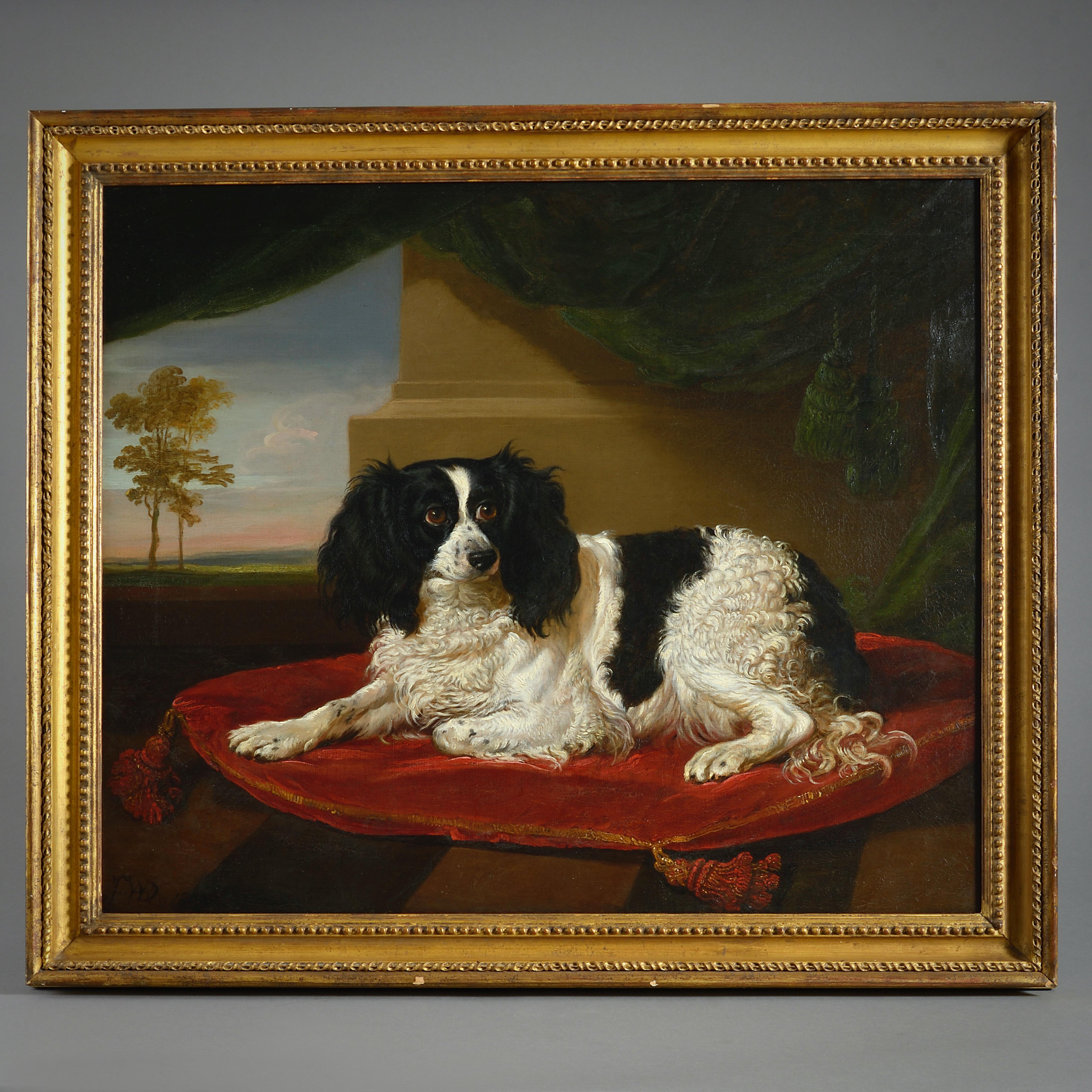 A King Charles Spaniel on a Red Cushion For Sale 1