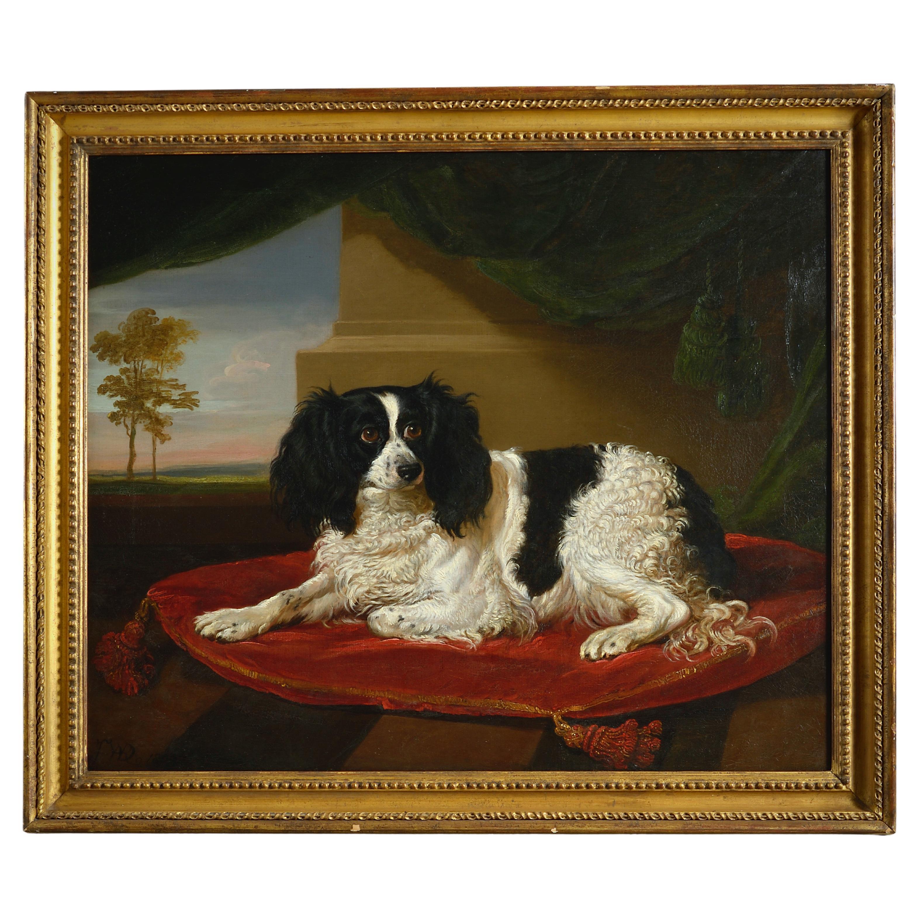 A King Charles Spaniel on a Red Cushion For Sale