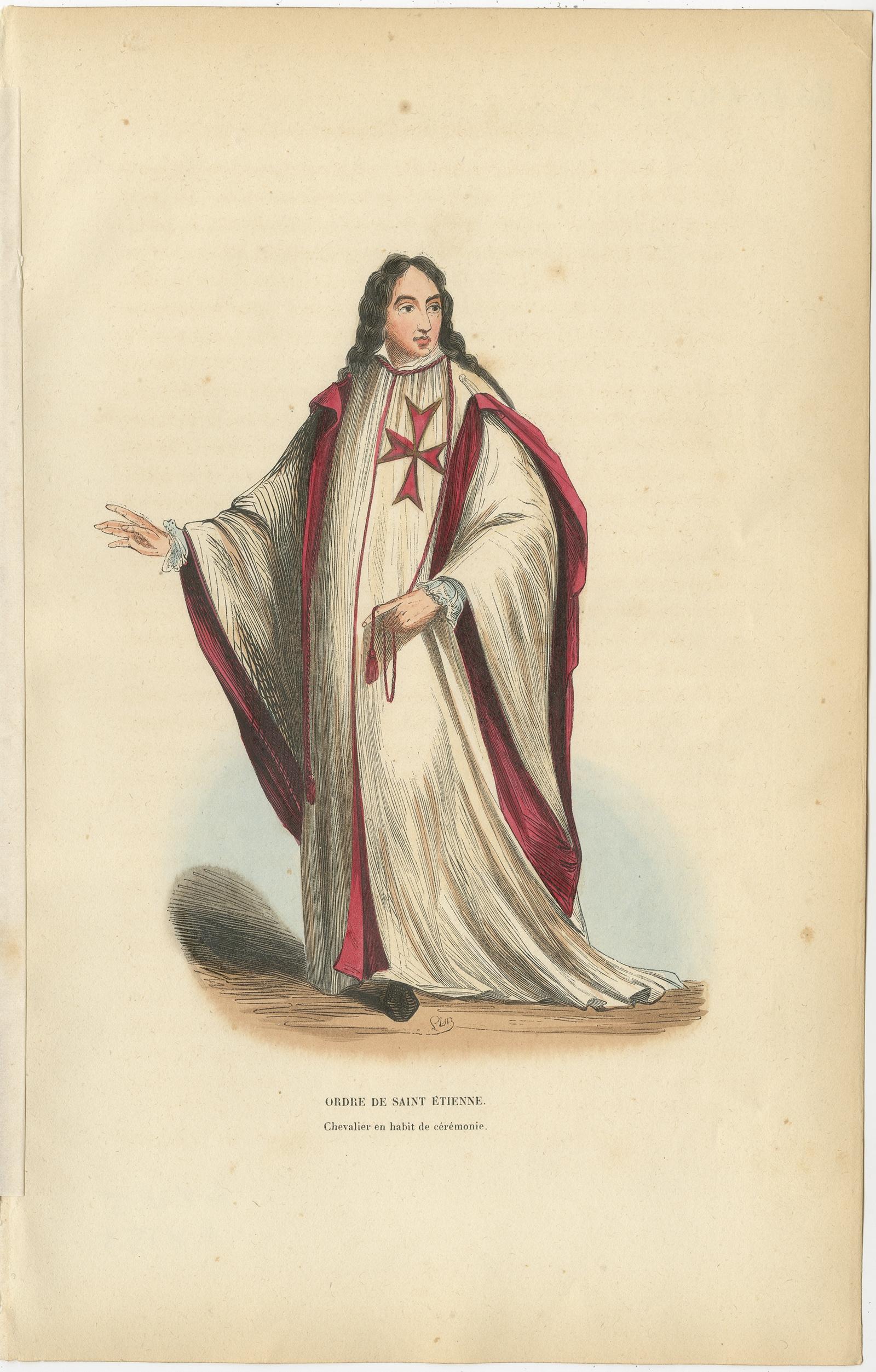 Antique print titled 'Ordre de Saint Étienne'. 

Print of a Knight in ceremonial robes of the Order of Saint Stephen, a Hungarian order of chivalry. This print originates from 'Histoire et Costumes des Ordres Religieux'.

Artists and Engravers: