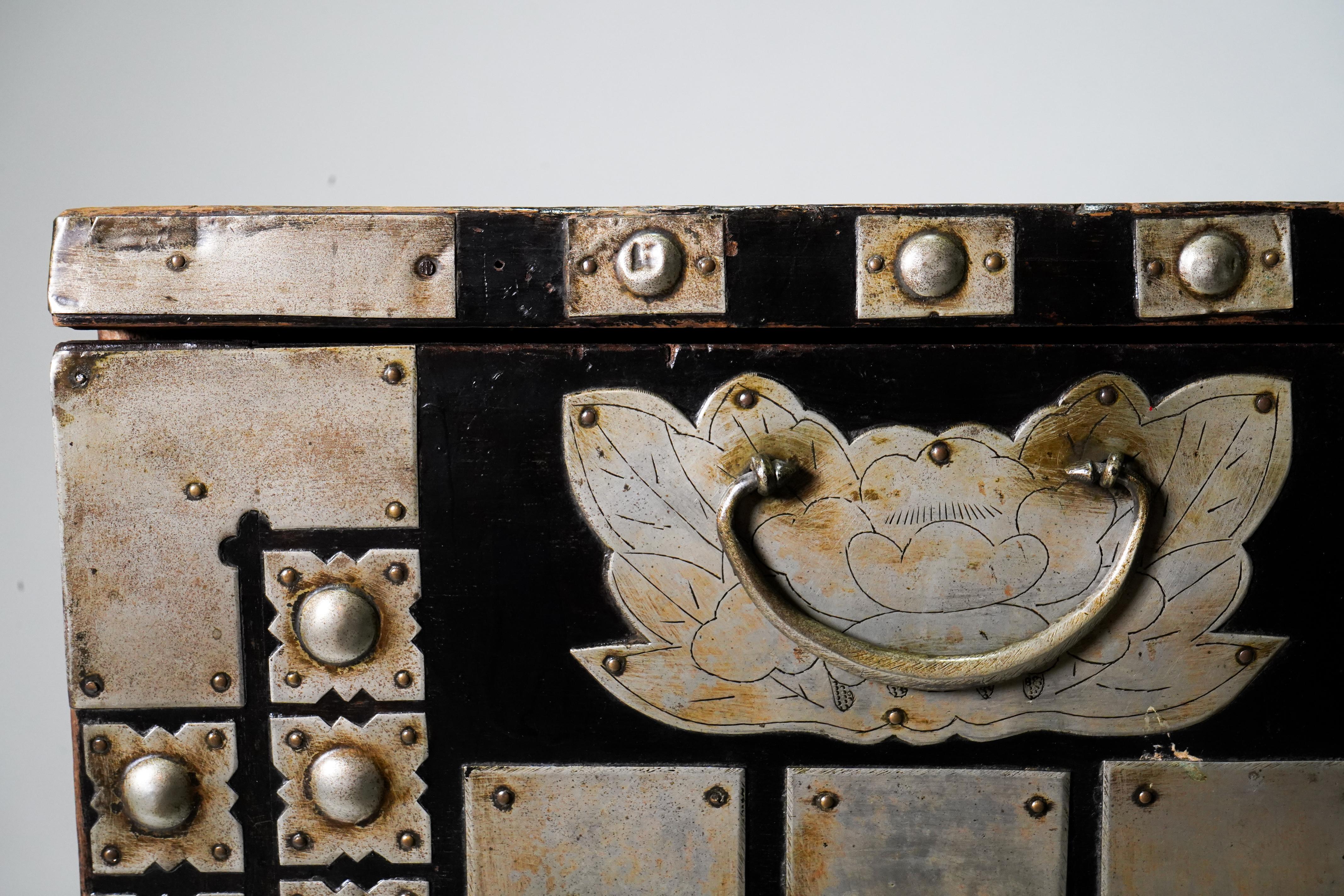 C. 1880 Korean Wedding Chest with White Brass Hardware 6