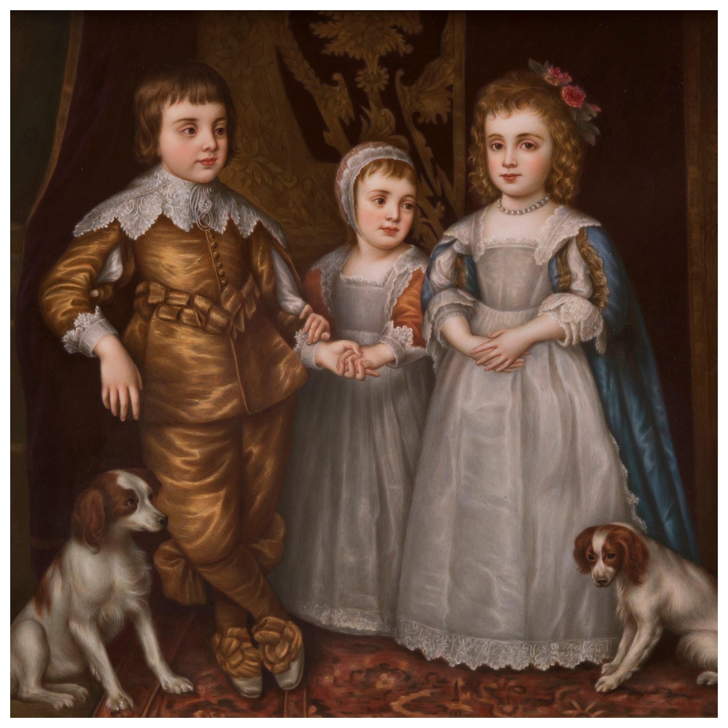 Plaque en porcelaine de la KPM représentant les trois enfants aînés de Charles Ier, d'après le tableau de Sir Anthony van Dyck.

Allemand, vers 1890.

La plaque rectangulaire délicatement peinte s'inscrit dans un cadre en bois doré avec moulures