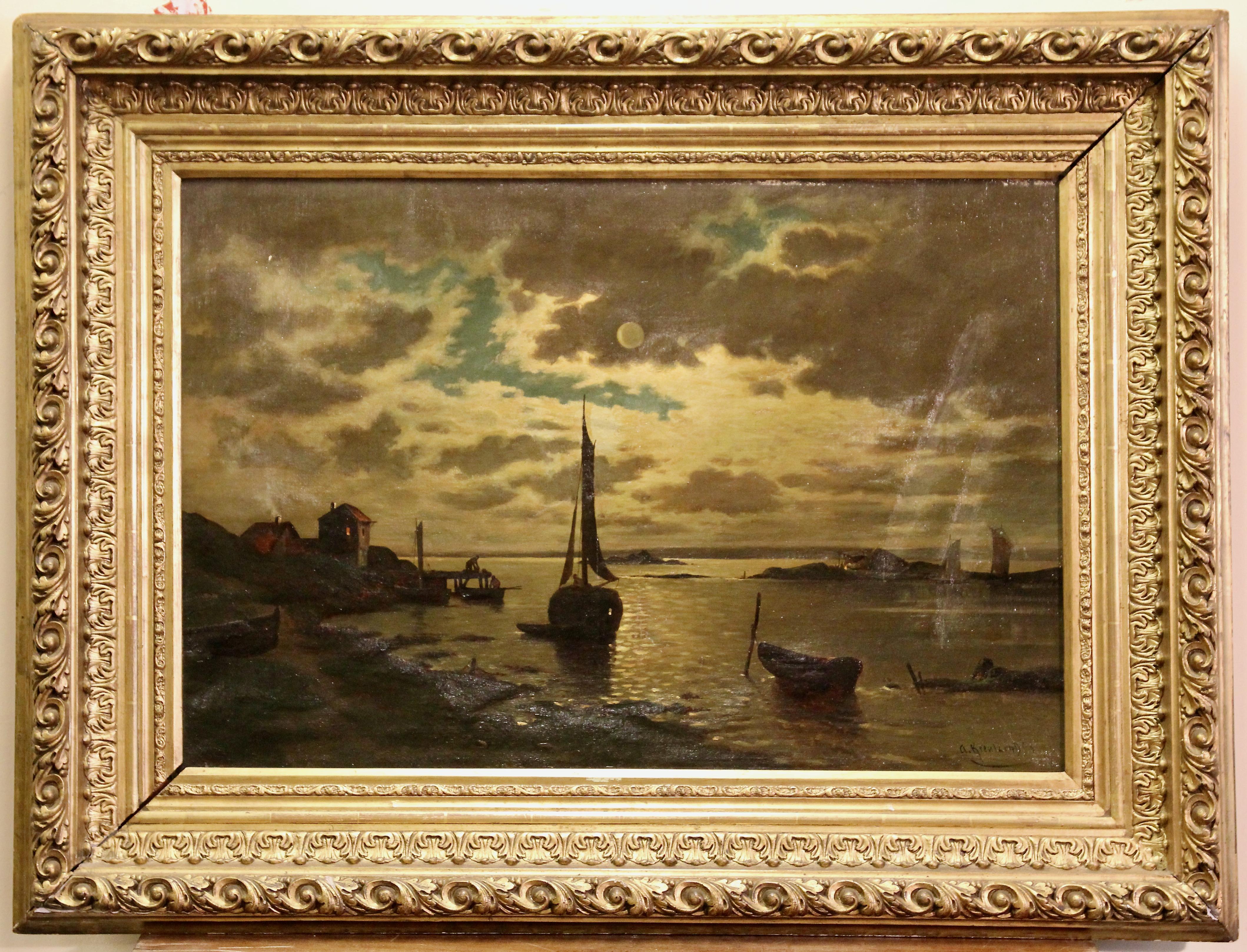 A. Kreutzer, 19ème siècle, Bateaux de pêche au clair de lune. Paysage côtier. en vente 1