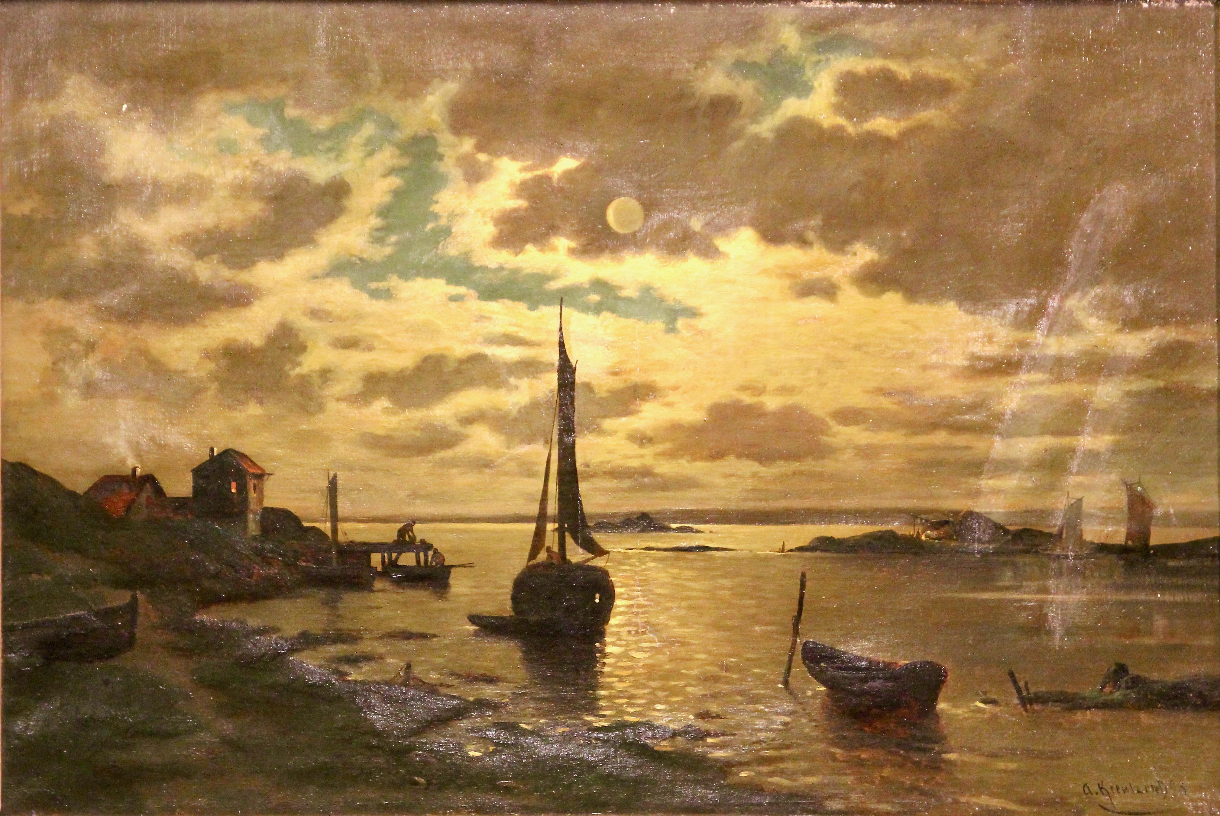 A. Kreutzer, 19ème siècle, Bateaux de pêche au clair de lune. Paysage côtier. en vente 2