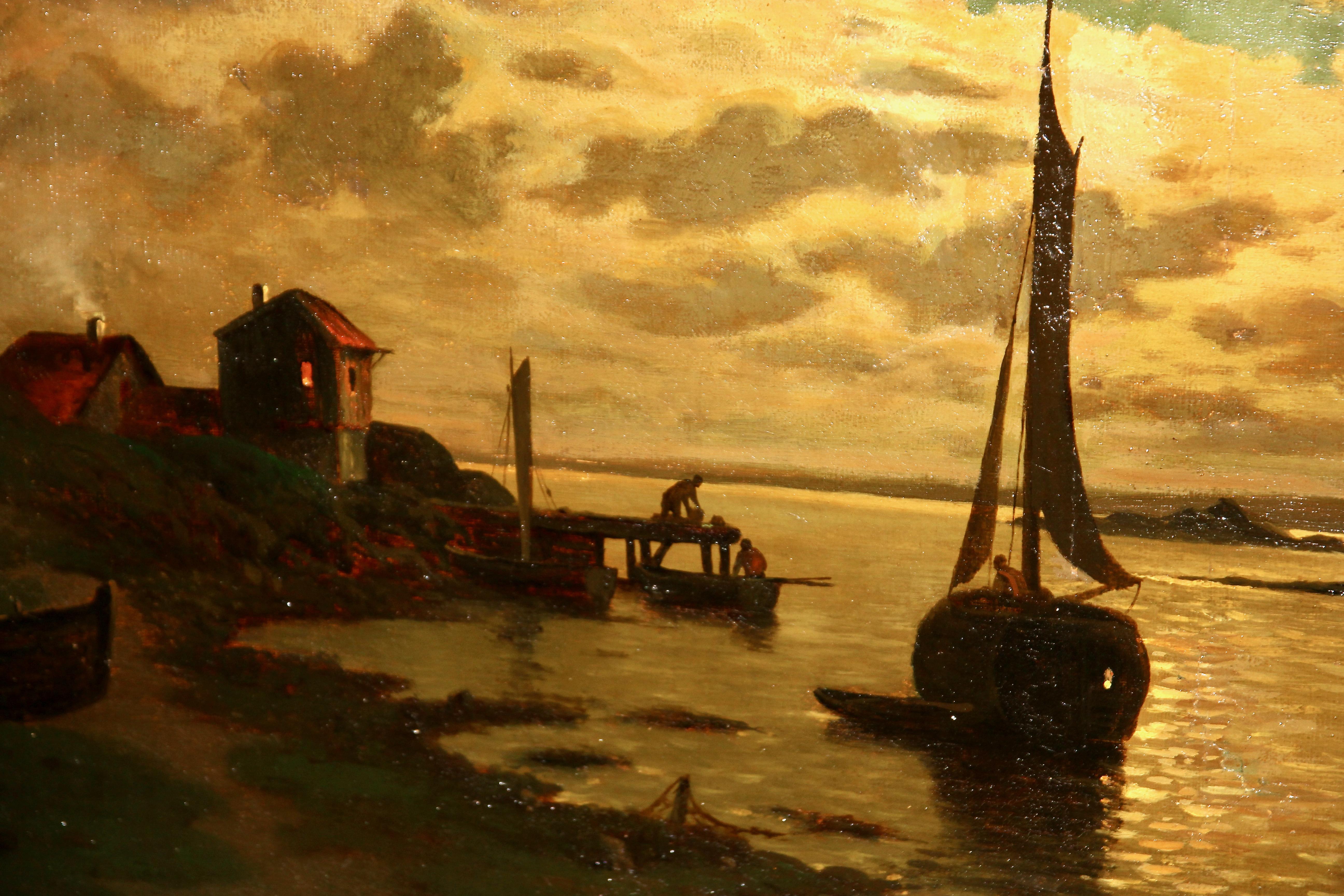 A. Kreutzer, 19th century, fishing boats in the moonlight, painting, oil on canvas. Nocturnal coastal landscape.

Age-related condition.
Frame damaged in places.

Dimensions without frame 55.5 cm x 82 cm
Dimensions including frame 83 cm x 109.5 cm
