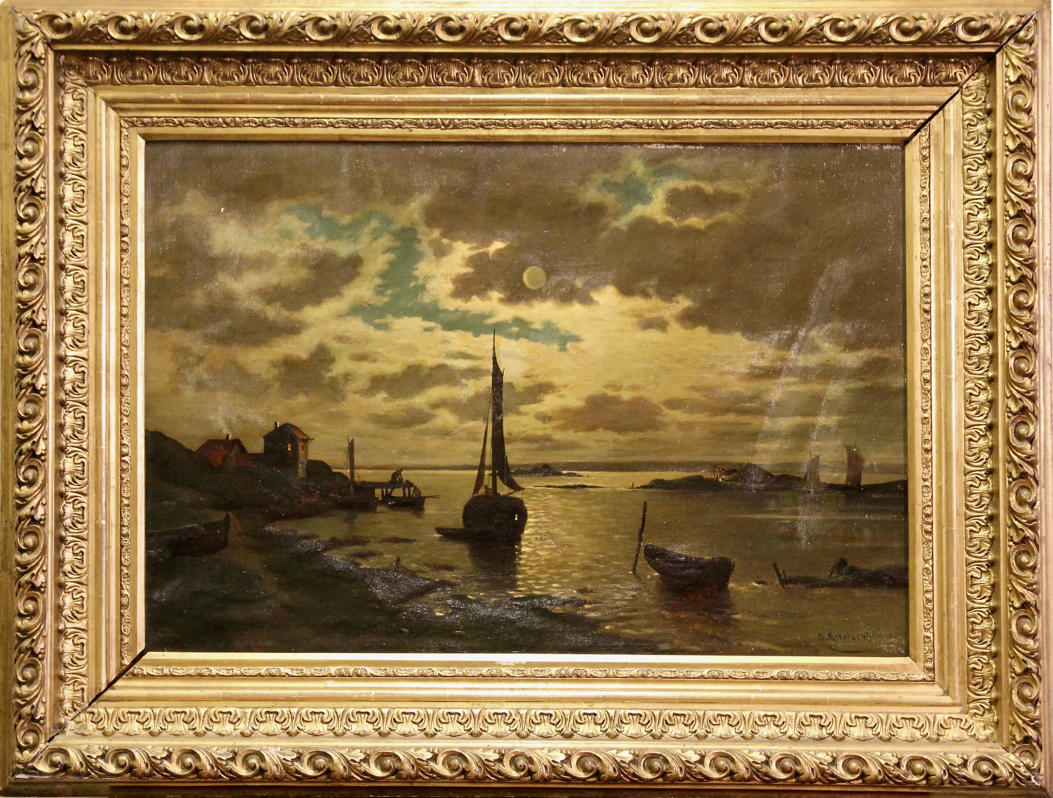 A. Kreutzer, 19th Century, Fishing Boats in the Moonlight. Coastal Landscape.