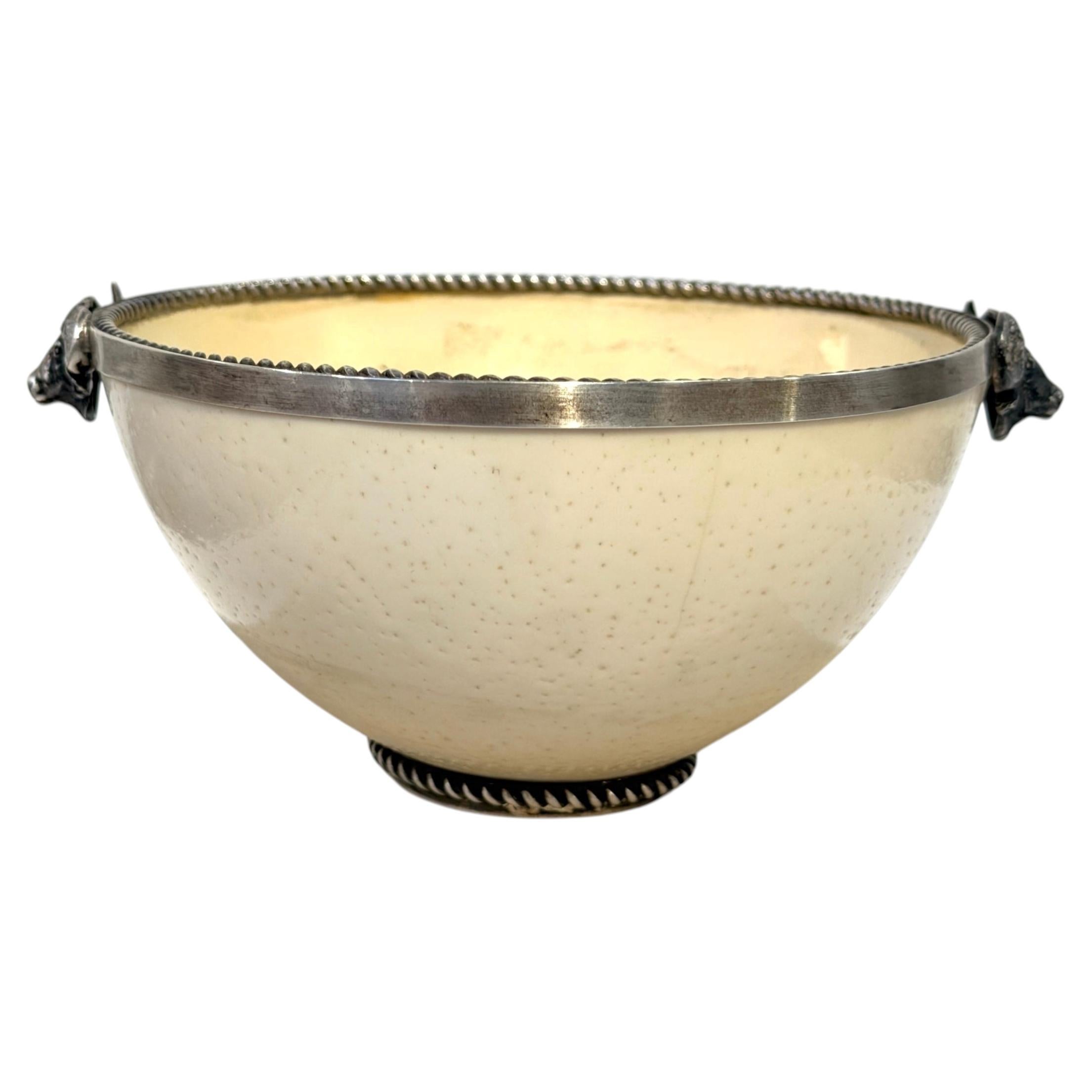 A. Kuger Sterling Silver Mounted Ostrich Egg Bowl with Buffalo Head Handles For Sale