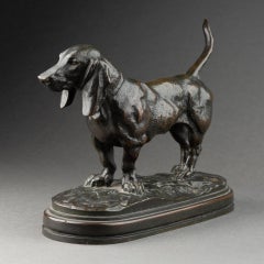 A-L Barye : "Basset", sculpture en bronze avec cachet d'or "FB" Barbedienne C.1880.