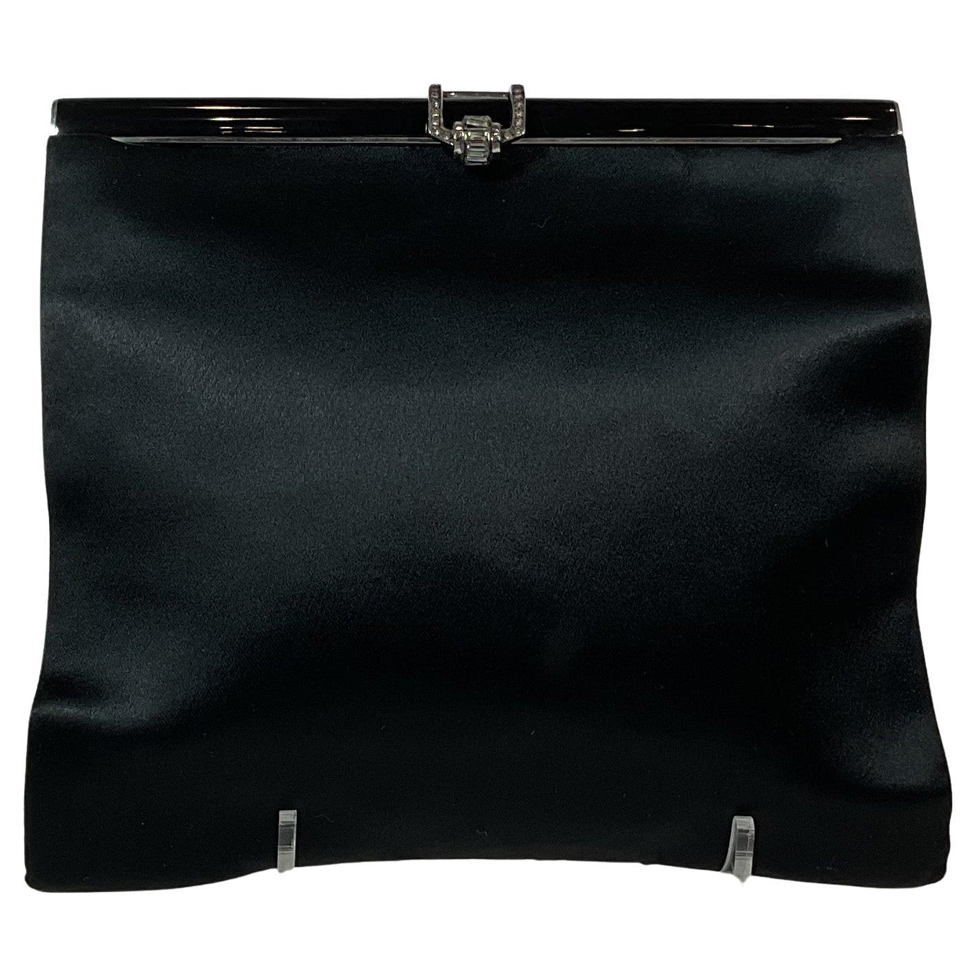 A LA REINE DES FÉES Black Satin Clutch with Rhinestone Clasp For Sale