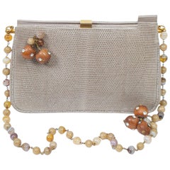 A la Reine Des Fées Taupe Lizard Shoulder Bag with Beads