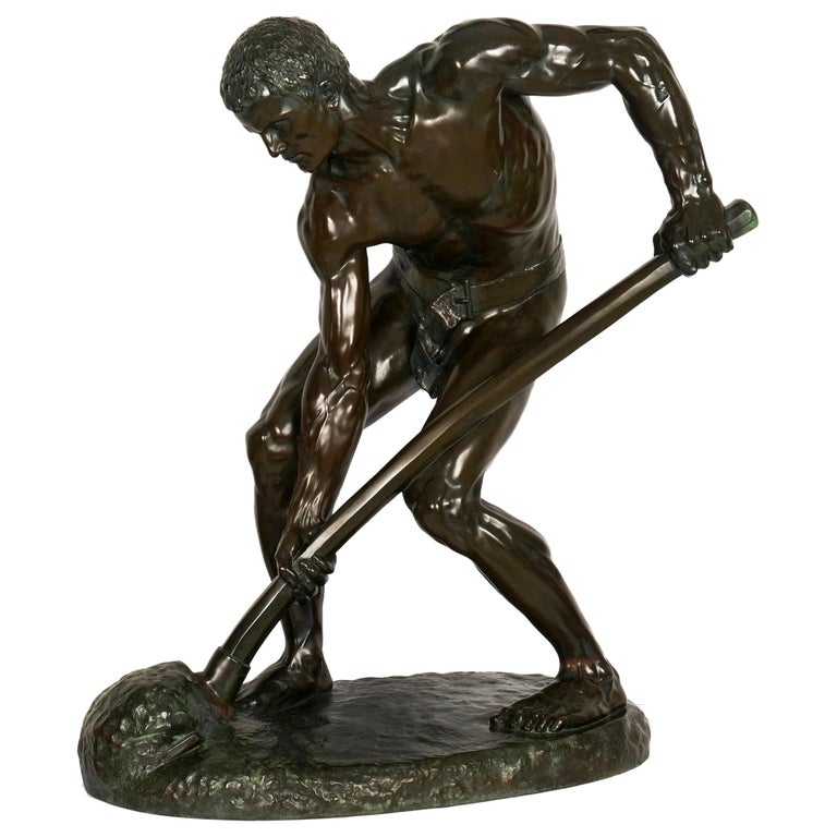 “A la terre!” French Antique Bronze Sculpture by Alfred Boucher & Barbedienne For Sale