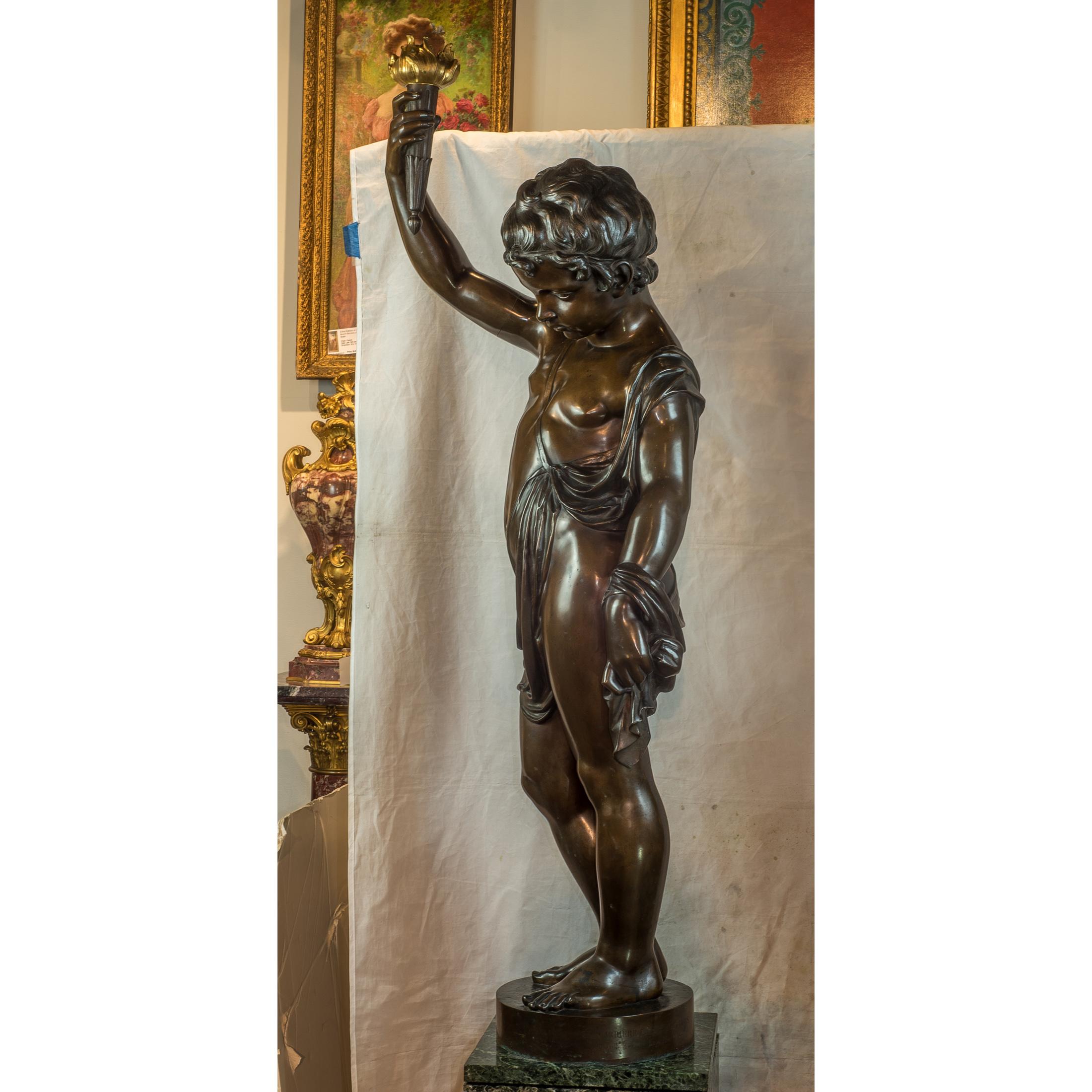 Bronze Figural Torchères and Pedestal - Médaille d'or - Exposition de 1867 - Gold Figurative Sculpture by A. Lacarrière Père, Fils et Companie