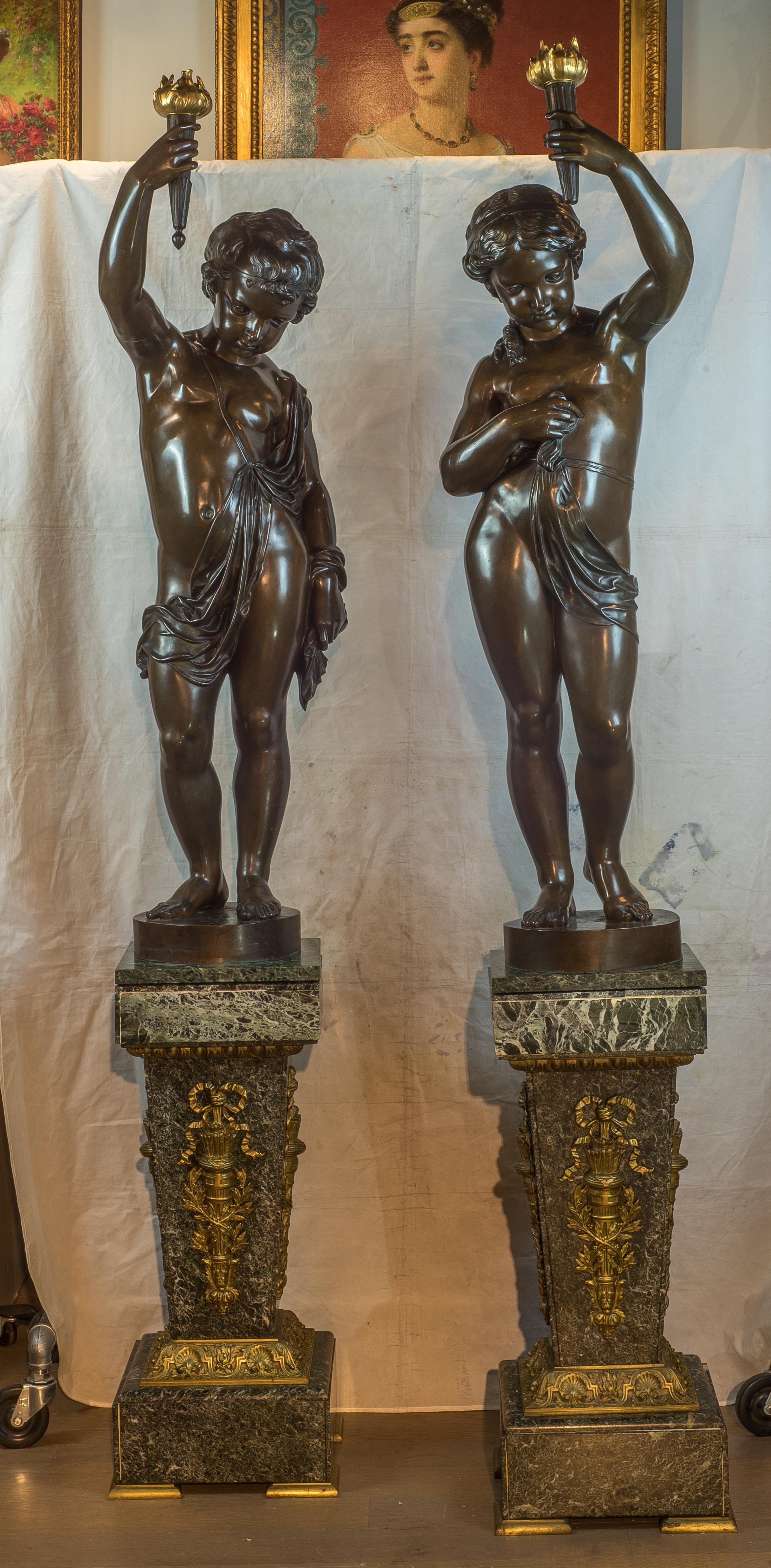 Bronze Figural Torchères and Pedestal - Médaille d'or - Exposition de 1867 - Sculpture by A. Lacarrière Père, Fils et Companie