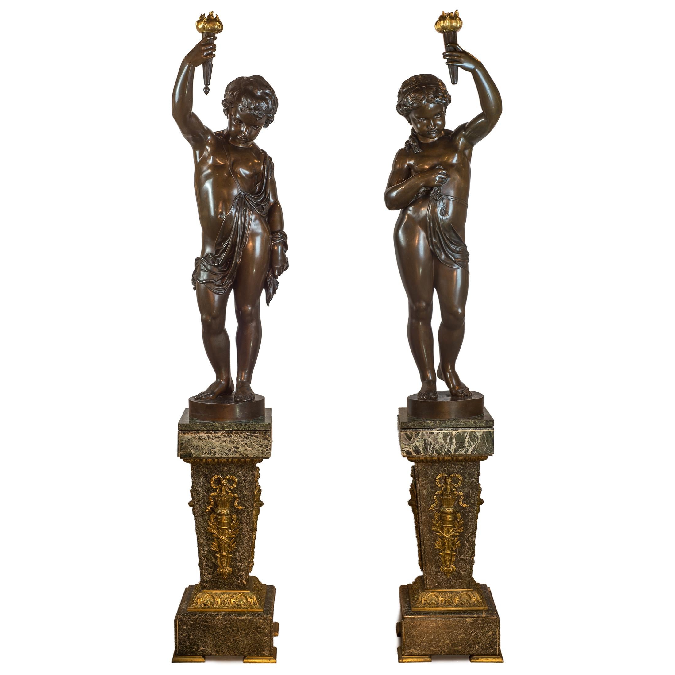 A. Lacarrière Père, Fils et Companie Figurative Sculpture - Bronze Figural Torchères and Pedestal - Médaille d'or - Exposition de 1867