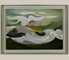 A lacquer and aluminium panel depicting an abstract seascape by Banura Shōgo
