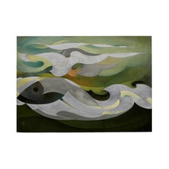 A lacquer and aluminium panel depicting an abstract seascape by Banura Shōgo