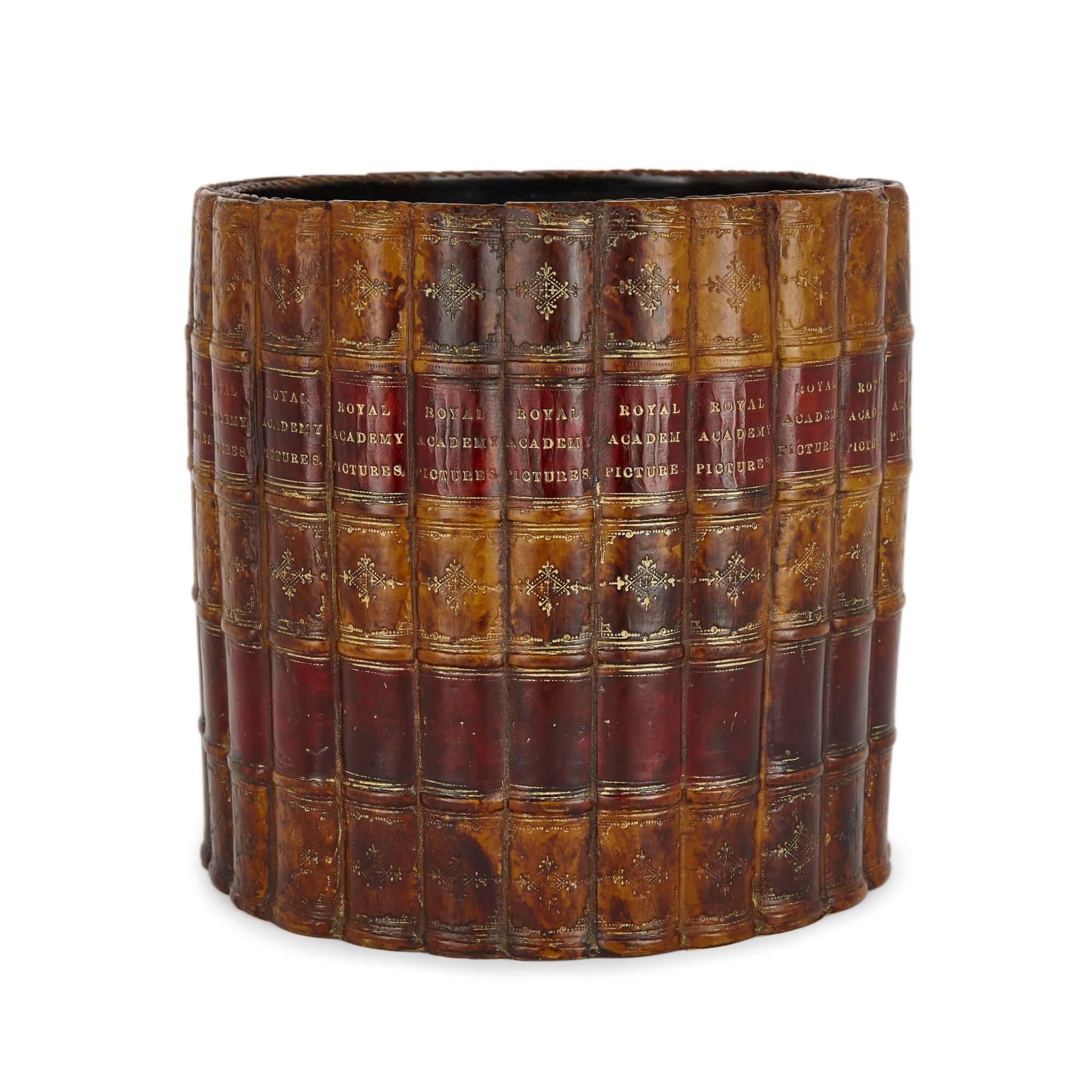 Lacquered Edwardian Style Novelty Faux Book Spine Waste Paper Basket In Fair Condition For Sale In London, GB