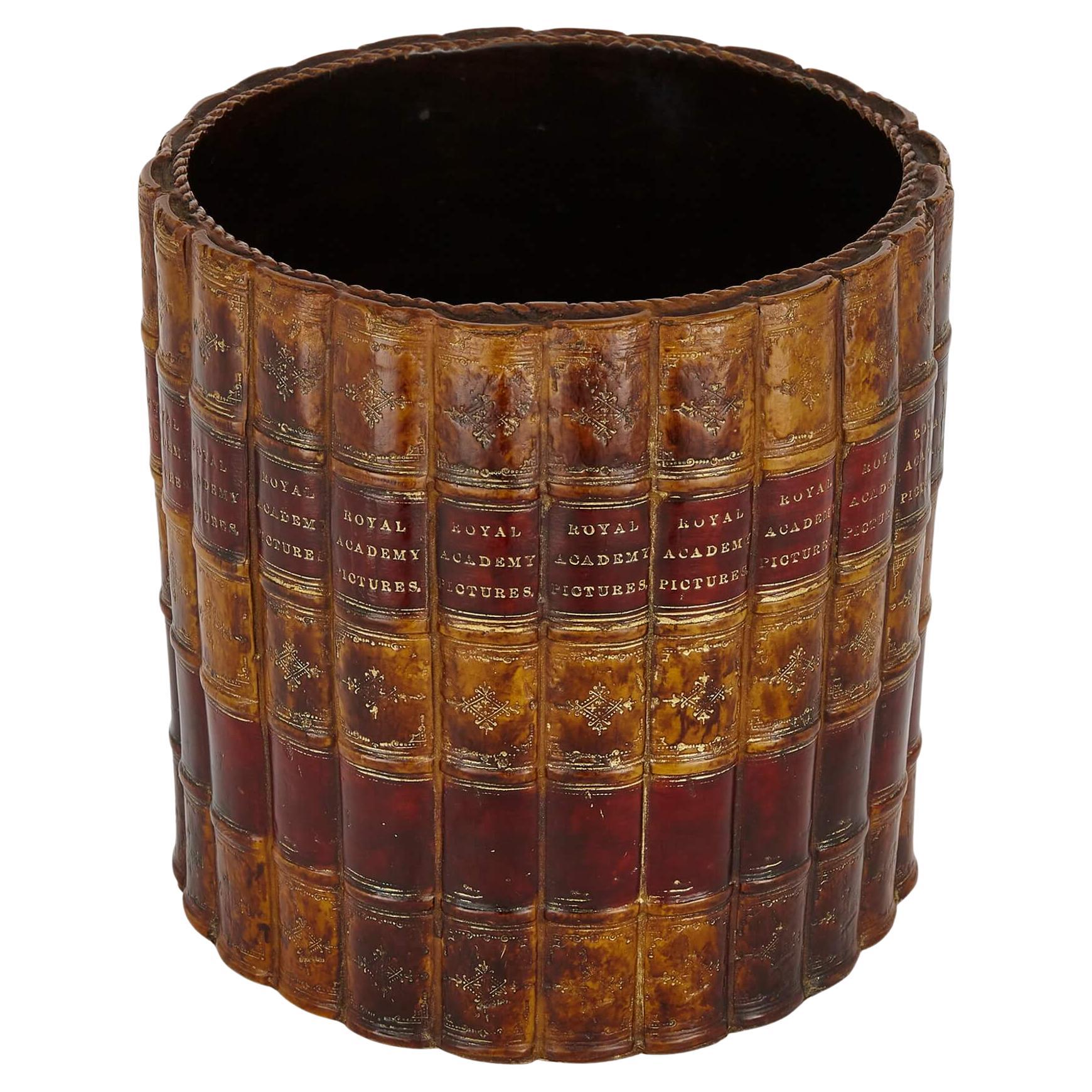 Lacquered Edwardian Style Novelty Faux Book Spine Waste Paper Basket For Sale