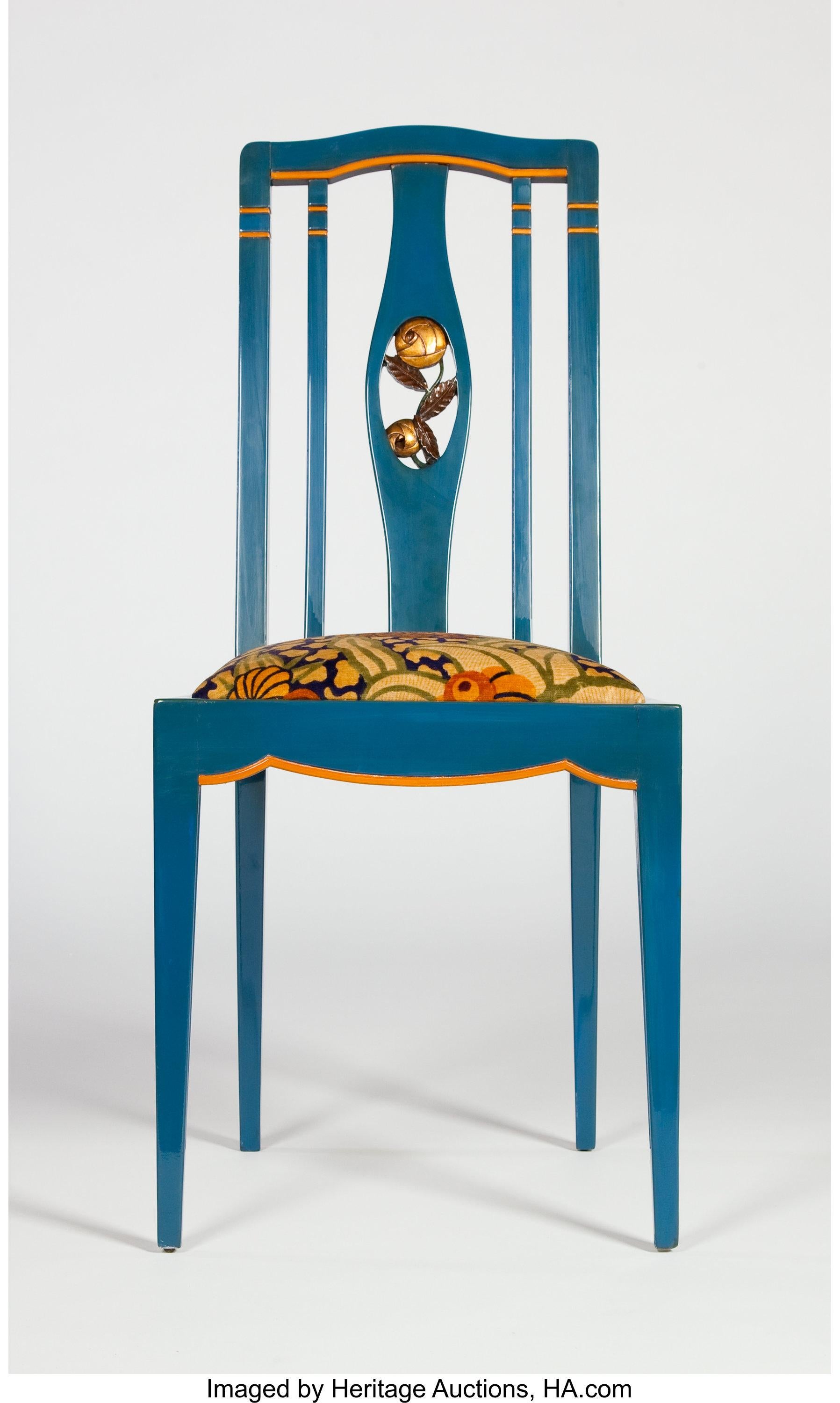 A beautiful blue and burnt orange lacquered wood side chair attributed to André Groult. With gold gilded carved wood rose detail in back and original floral velvet upholstery.
French,
circa 1920.