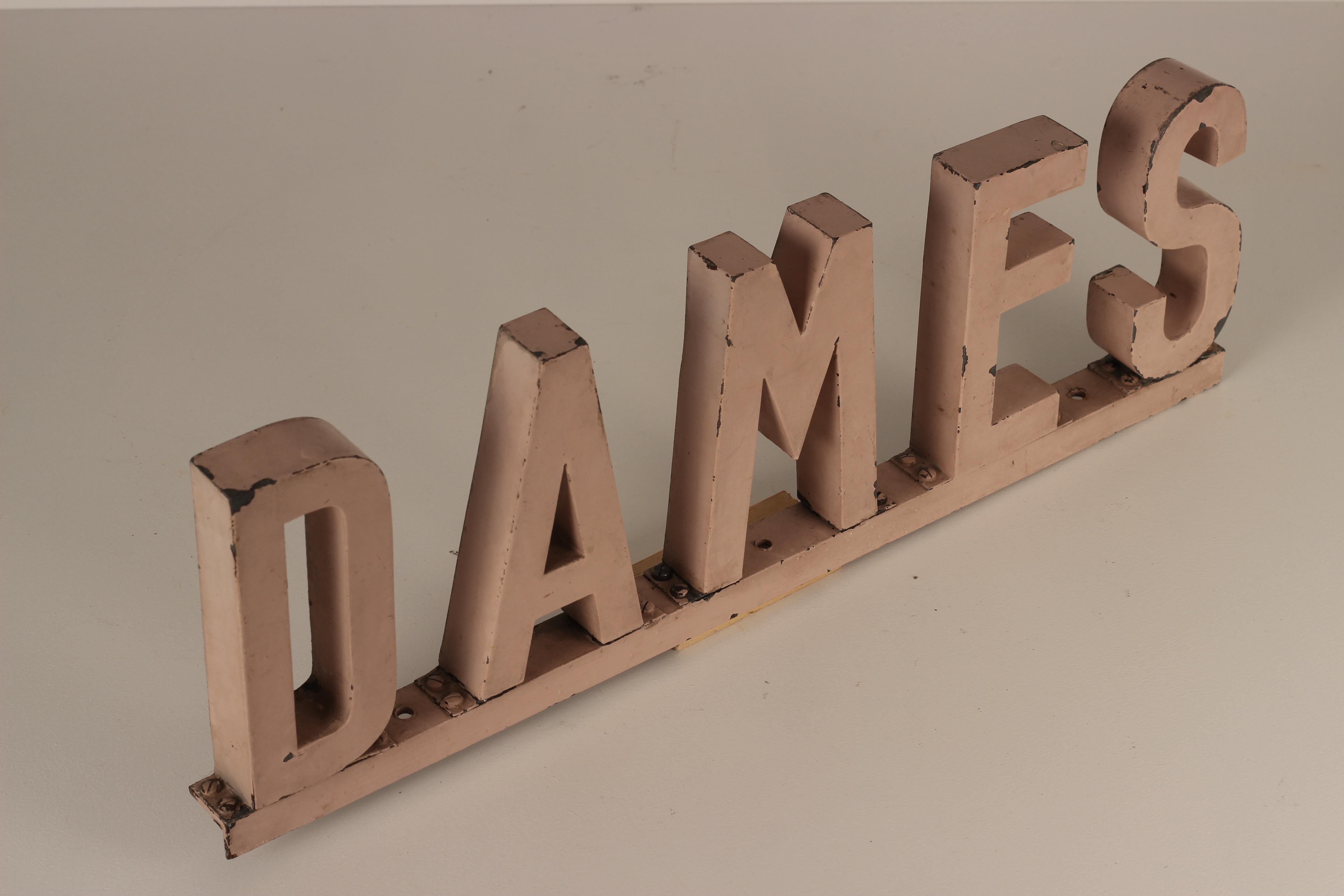 Mid-Century Modern Ladies ‘Dame’ Mid Century Restroom Sign from South of France Made in Metal For Sale