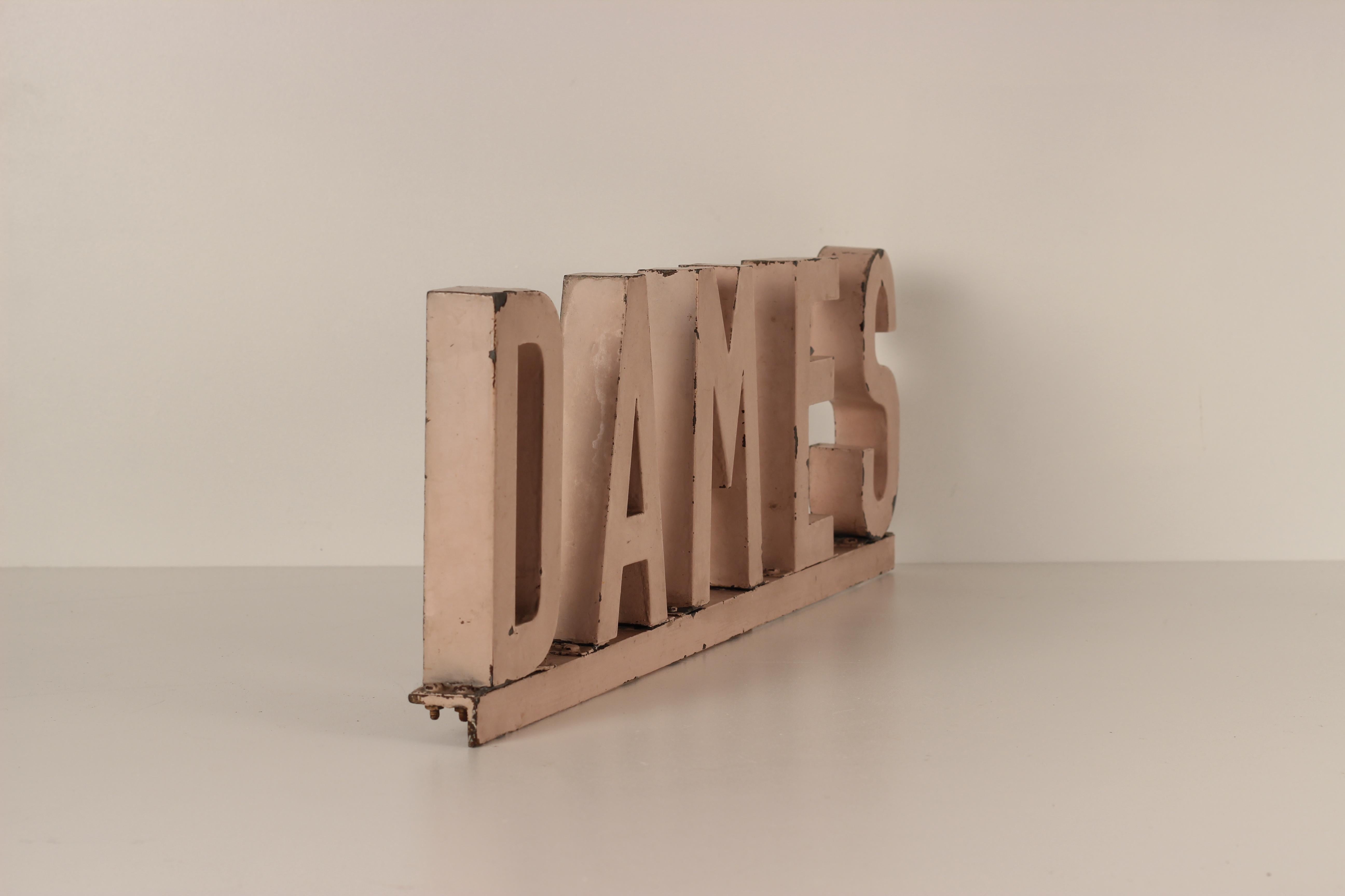 Ladies ‘Dame’ Mid Century Restroom Sign from South of France Made in Metal In Good Condition For Sale In London, GB