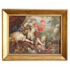 Lady with Her Attendants and Putti, Original Antique Watercolour Painting