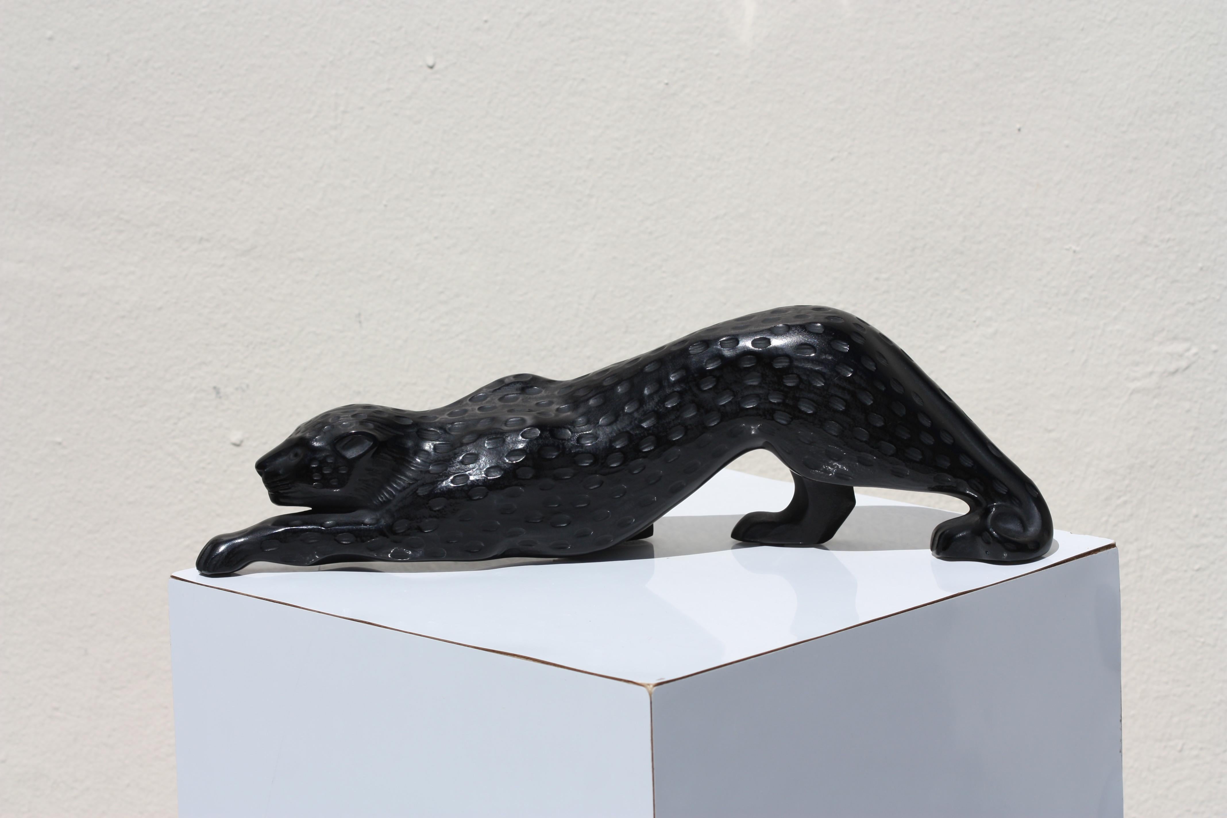 Glass Lalique Black Crystal Figure of a Panther, Zeila For Sale