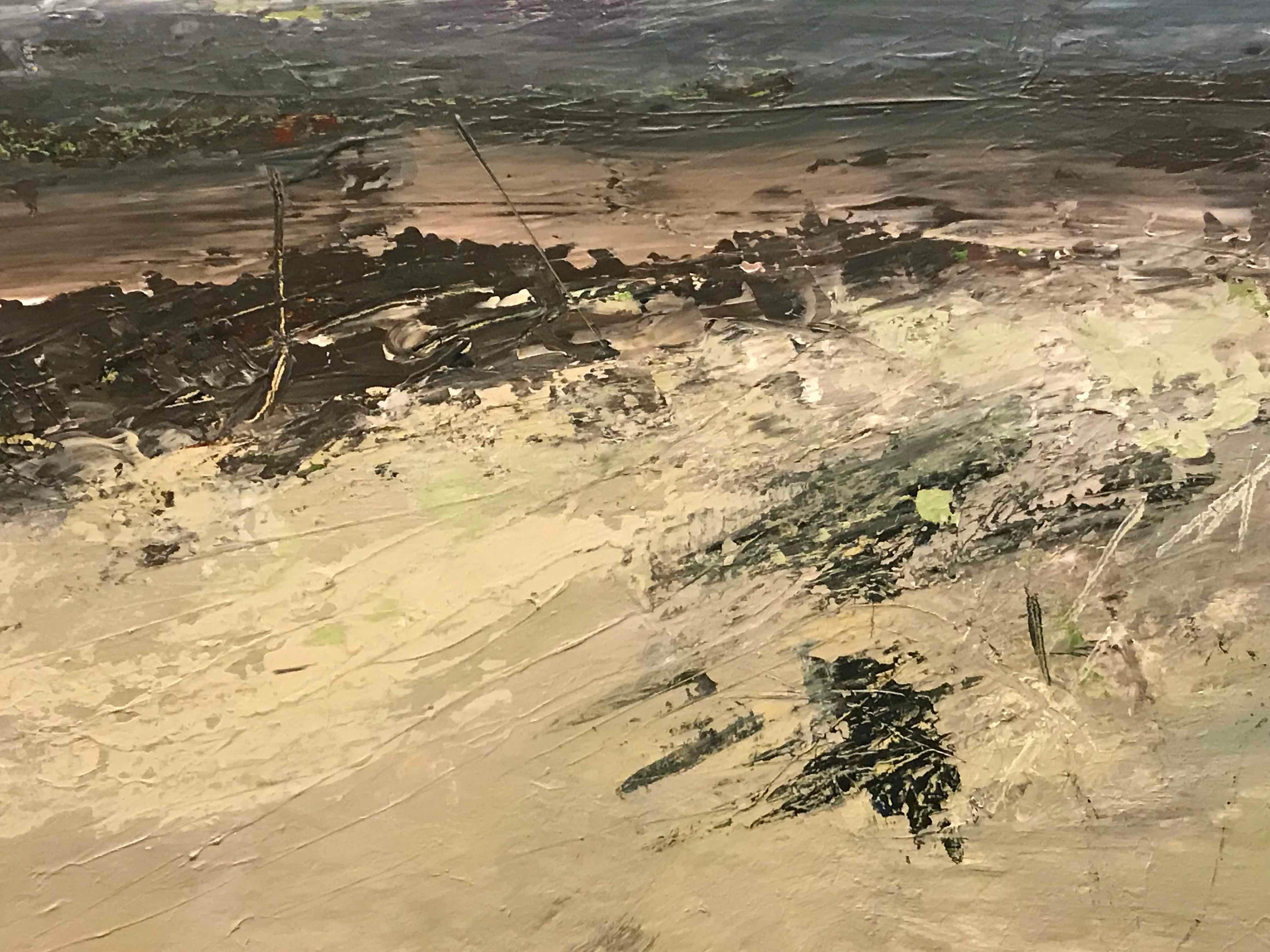 Abstract landscape oil painting on canvas by English artist Robert Eadie. With earthy greens and creamy yellows, Eadie depicts a stretch of sand and the scrubby beach dunes surrounding with fantastic proportions and a soft meditative
