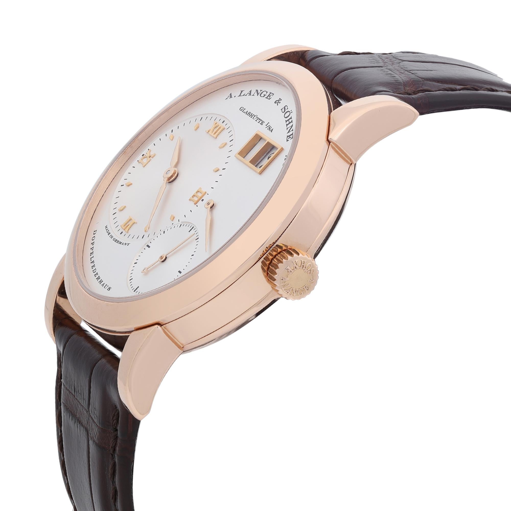 A. Lange and Sohne Lange 1 18K Rose Gold Silver Dial Hand Wind Men Watch 101.032 In Excellent Condition In New York, NY