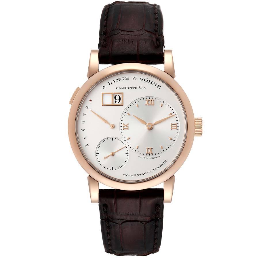 A. Lange and Sohne Lange 1 Daymatic Rose Gold Mens Watch 320.032 Papers. Automatic self-winding movement. 18K rose gold case 39.5 mm in diameter. Case thickness 10.4mm. Exhibition case back. Quick date-correction button located on the case edge at