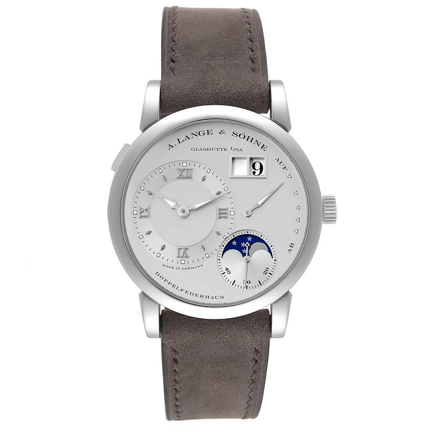 A. Lange and Sohne Lange 1 Moonphase Platinum Mens Watch 109.025. Manual-winding movement. Platinum case 38.5 mm in diameter.  Case thickness 10.0 mm. Exhibition sapphire case back. Quick date-correction button located on the case edge at the 10