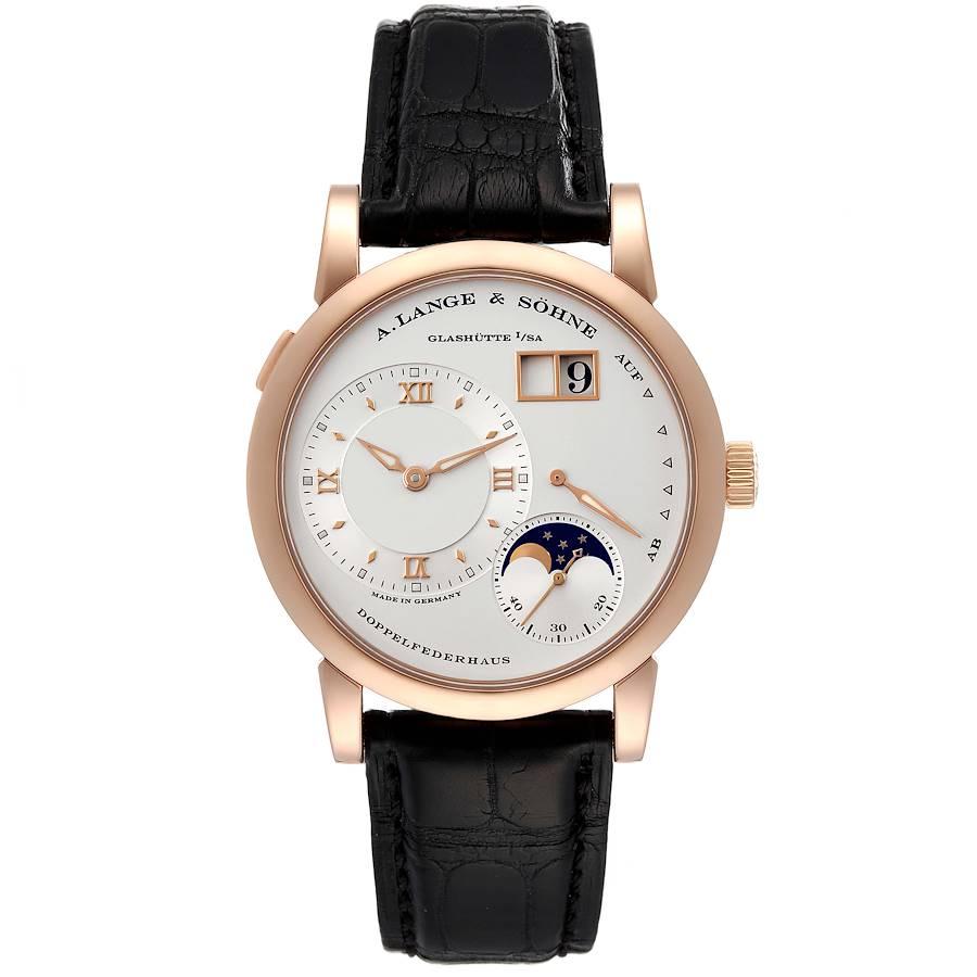 A. Lange and Sohne Lange 1 Moonphase Rose Gold Mens Watch 109.032 Papers. Manual-winding movement. 18K rose gold case 38.5 mm in diameter. Case thickness 10.4mm. Exhibition case back. Quick date-correction button located on the case edge at the 10