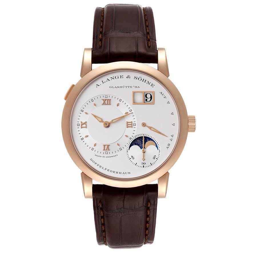 A. Lange and Sohne Lange 1 Moonphase Rose Gold Mens Watch 192.032 Box Card. Manual-winding movement. 18k rose gold case 38.5 mm in diameter. Case thickness 10.2 mm. Exhibition sapphire case back. Quick date-correction button located on the case edge