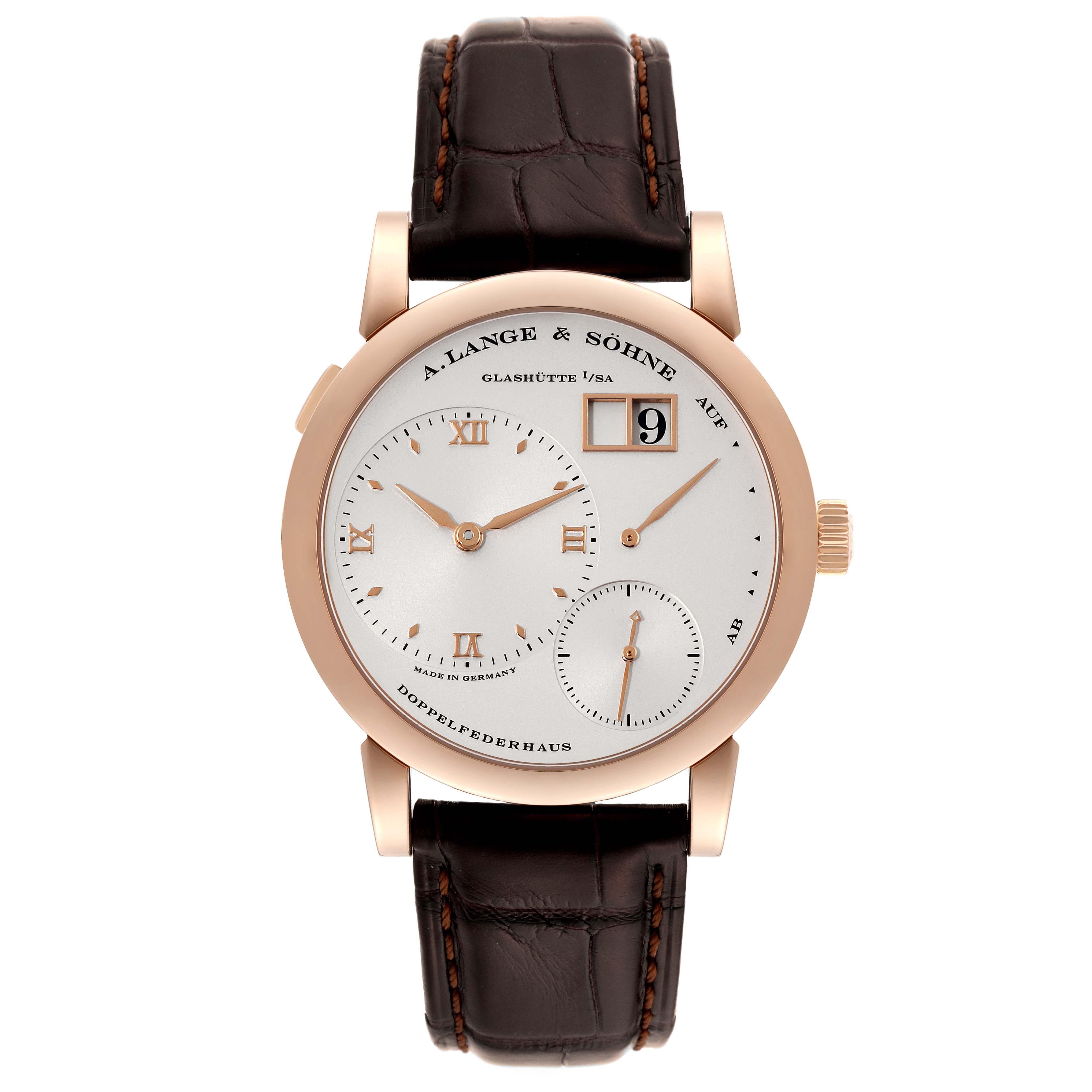 A. Lange and Sohne Lange 1 Rose Gold Silver Dial Mens Watch 101.032 Box Papers In Excellent Condition For Sale In Atlanta, GA
