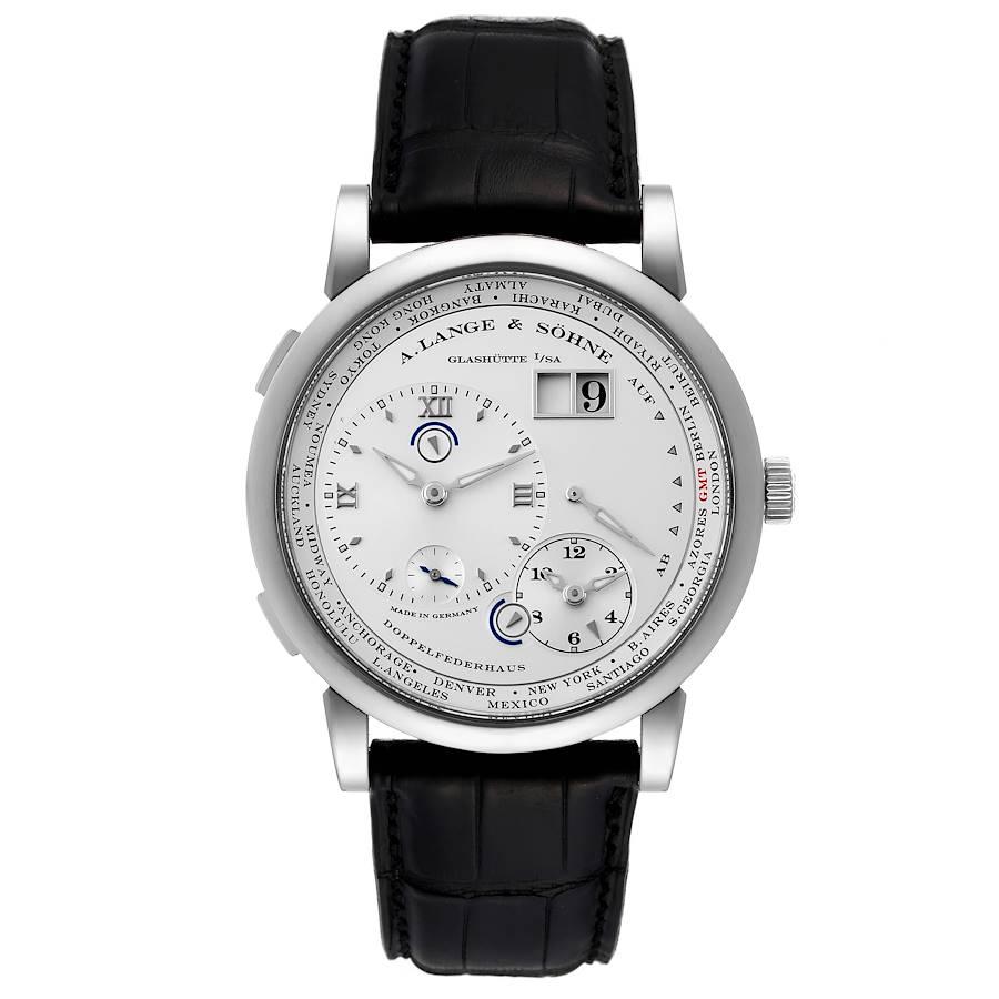 A. Lange and Sohne Lange 1 Time Zone White Gold Silver Dial Mens Watch 116.039. Manual-winding movement. 18kt white gold case 41.9 mm in diameter. Case thickness 11 mm. Exhibition case back. Date correction and time zone buttons on side of case.