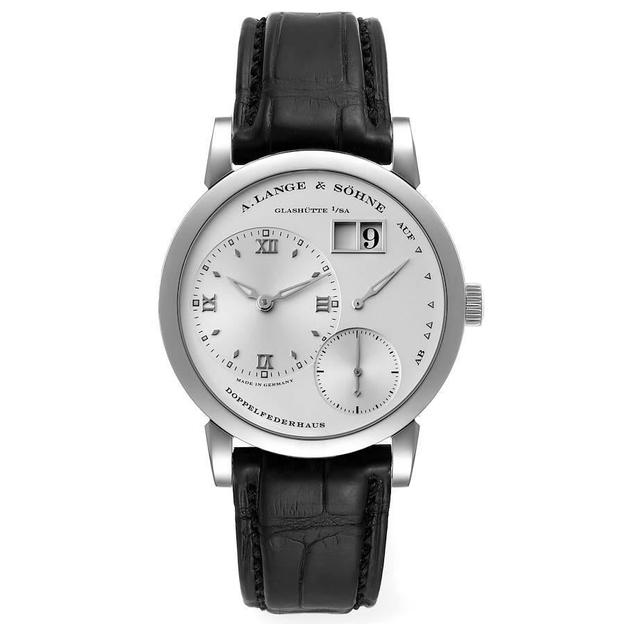 A. Lange and Sohne Lange 1 White Gold Mens Watch 191.039. Manual-winding movement. 18K white gold case 38.5 mm in diameter.  Case thickness 9.8 mm. Exhibition sapphire case back. Quick date-correction button located on the case edge at the 10