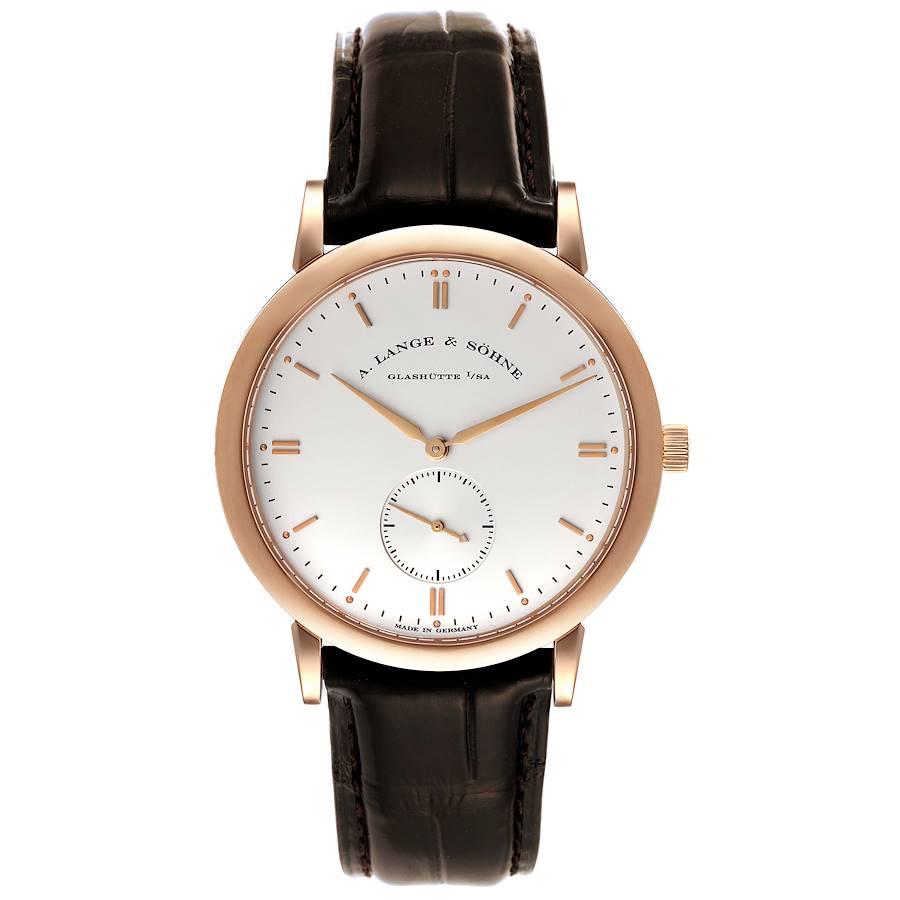 A. Lange and Sohne Saxonia 37mm Rose Gold Silver Dial Mens Watch 215.032. Manual winding movement. 18k rose gold case 37 mm in diameter. Exhibition sapphire case back. . Scratch resistant sapphire crystal. Silver dial with 18k rose gold alpha-style