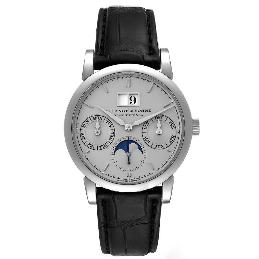 A. Lange and Sohne Saxonia Annual Calendar Platinum Mens Watch 330.025. Automatic self-winding movement. Platinum case 38.5 mm in diameter. 9.8mm case thickness. Exhibition sapphire case back. . Scratch resistant sapphire crystal. Silver dial with