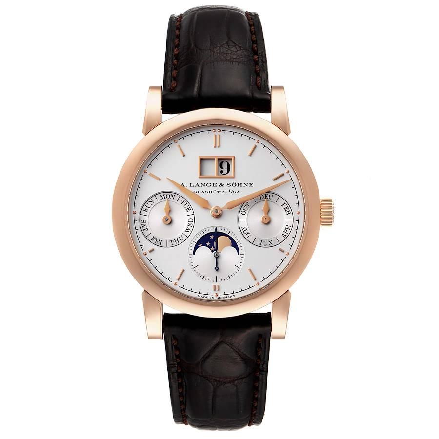 A. Lange and Sohne Saxonia Annual Calendar Rose Gold Mens Watch 330.032. Automatic self-winding movement. 18k rose gold case 38.5 mm in diameter. 9.8mm case thickness. Exhibition sapphire case back. . Scratch resistant sapphire crystal. Silver dial
