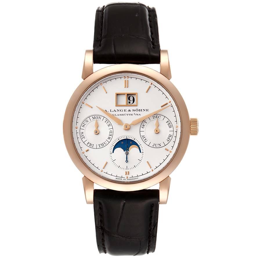 A. Lange and Sohne Saxonia Annual Calendar Rose Gold Mens Watch 330.032 Papers. Automatic self-winding movement. 18k rose gold case 38.5 mm in diameter. 9.8mm case thickness. Exhibition sapphire case back. . Scratch resistant sapphire crystal.