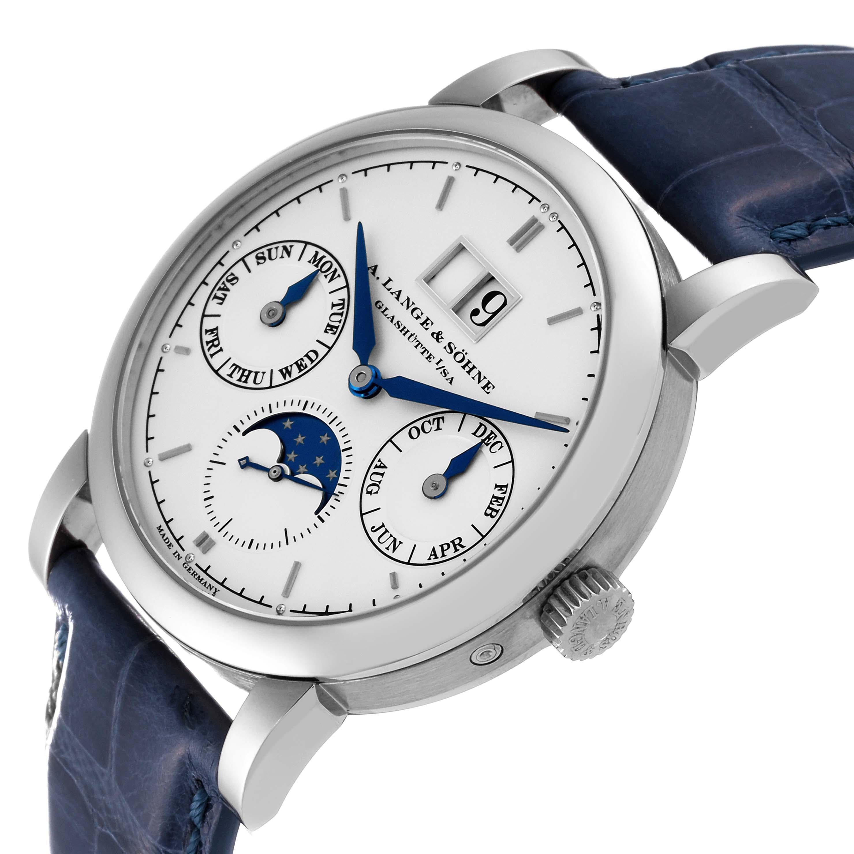 A. Lange and Sohne Saxonia Annual Calendar White Gold Mens Watch 330.026. Automatic self-winding movement. 18k white gold case 38.5 mm in diameter. 9.8 mm case thickness. Transparent exhibition sapphire crystal caseback. . Scratch resistant sapphire