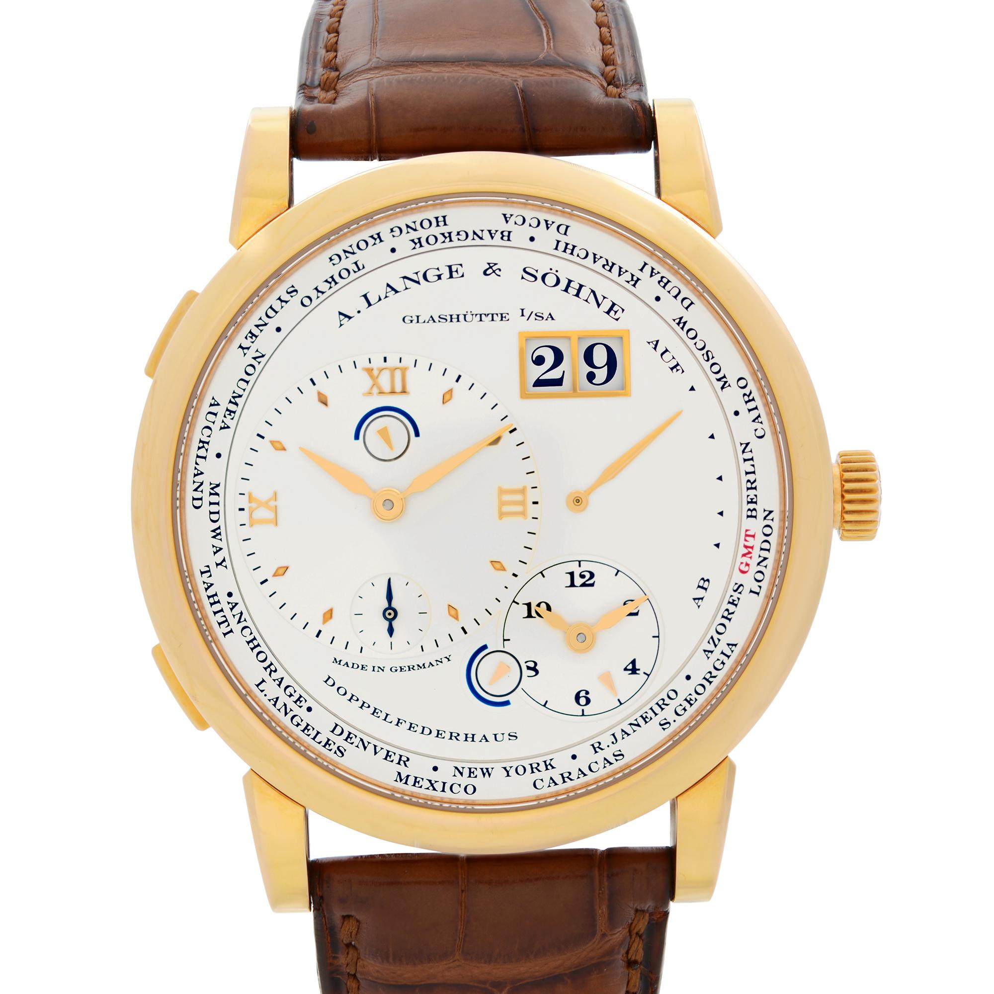 Pre-owned A. Lange & Sohne 1 Timezone 41.9mm 18K Rose Gold Hand Wind Men's Watch 116.032. This Beautiful Timepiece Features: 18k Rose Gold Case with a Brown Crocodile Leather Strap, Fixed 18kt Rose Gold Bezel, Offset Home Time Silver Dial with Rose