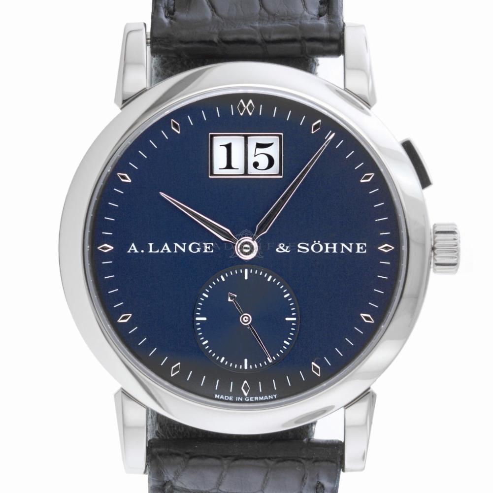 A Lange & Sohne 105.027 Saxonia Big Date Dark Blue 18 Karat White Gold Near Mint For Sale