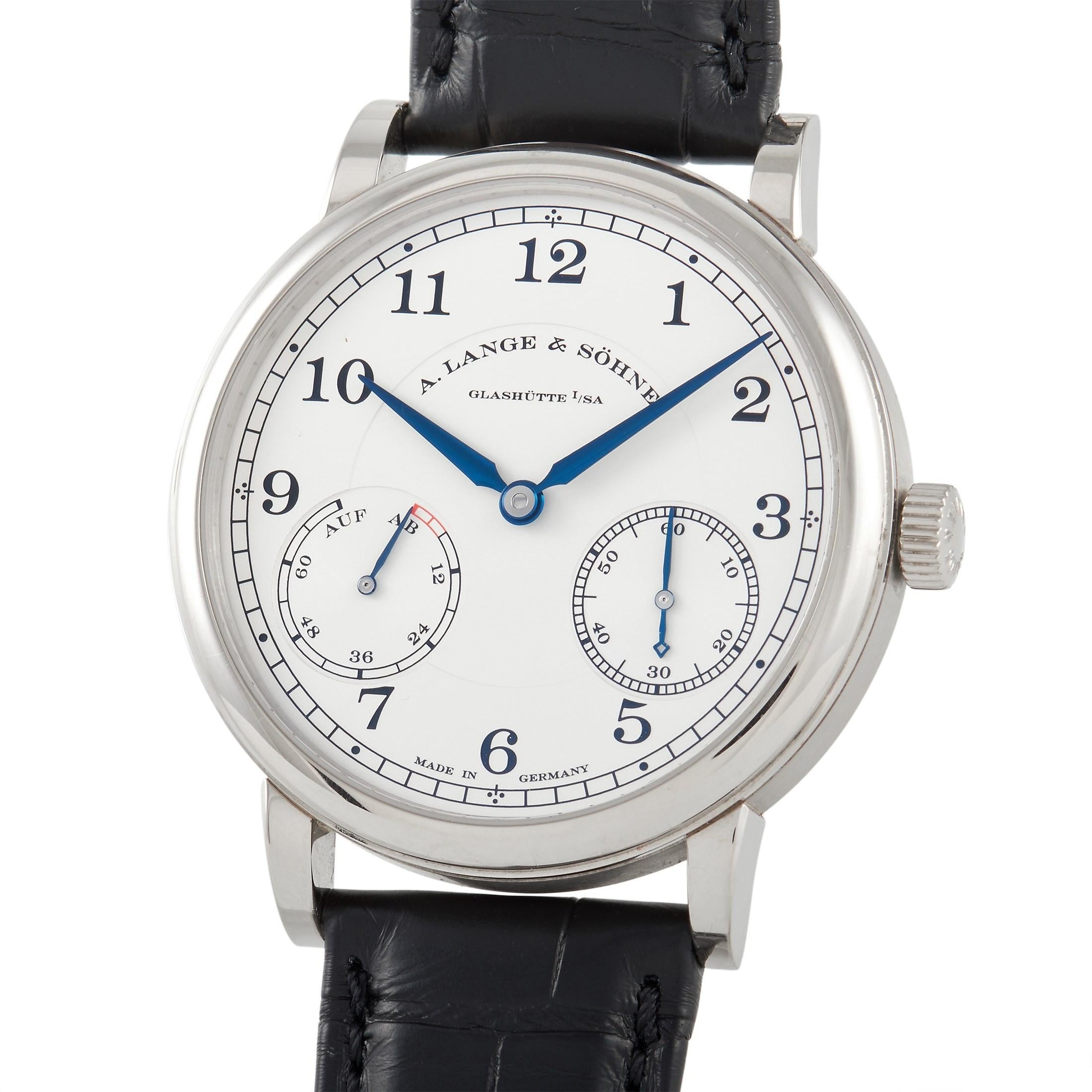 Offering precise legibility and understated elegance is this A. Lange & Söhne 1815 Up Down 18K White Gold Watch 234.026. This watch features a polished 18K white gold case with the case band or edge in a satin finish. It is paired with a flat