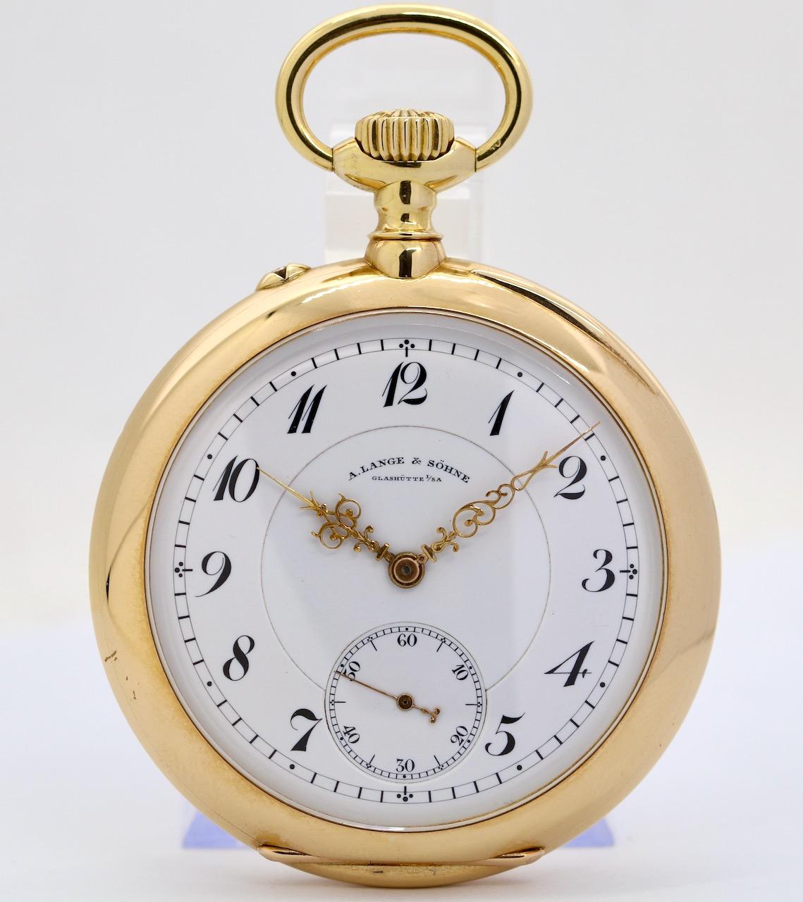 This exquisite A. Lange & Söhne pocket watch embodies the pinnacle of Glashütte craftsmanship. Encased in solid 18K yellow gold with a refined “Lucia” case design, this timepiece showcases the brand’s exceptional attention to detail and technical