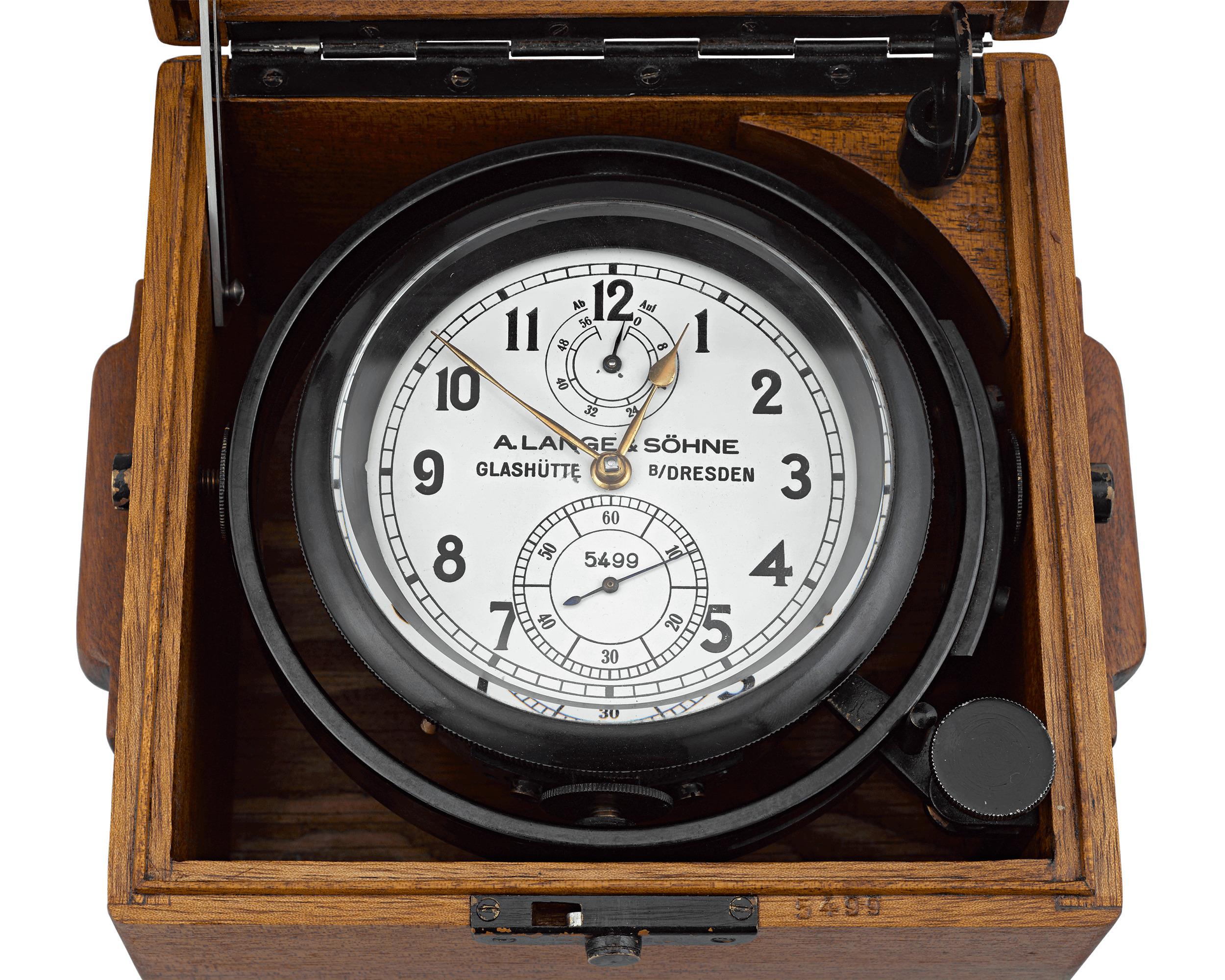 This exceptionally rare 56-hour precision chronometer, or deck watch, was crafted by A. Lange & Söhne, a prestigious Saxon maker of luxury watches. One of the most accurate instruments ever made for measuring time, chronometers were once used to