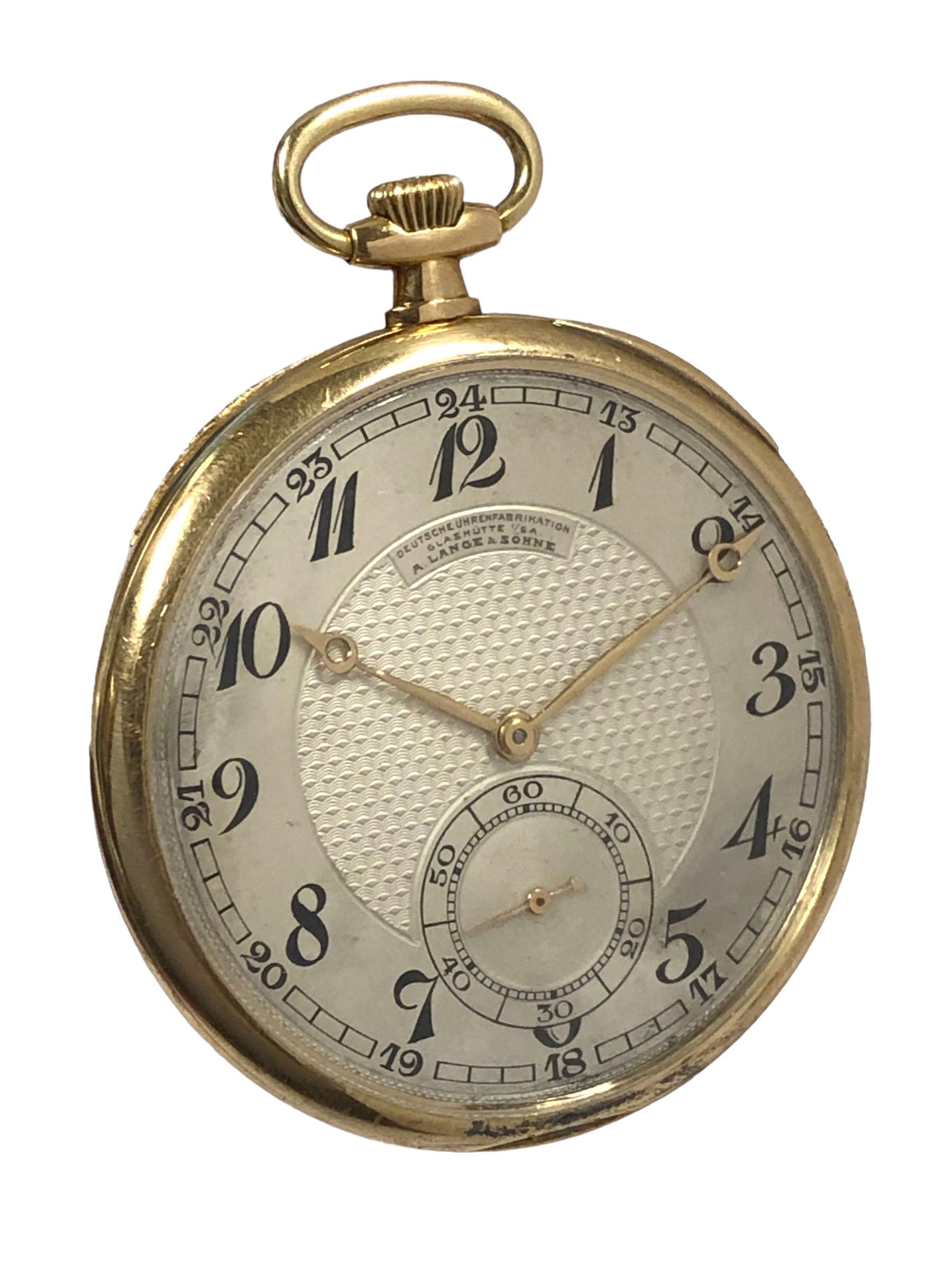 Circa 1920s A. Lange & Sohne Glashutte Pocket Watch, 49 MM 14k Yellow Gold 3 piece case with inside Gold dust cover, 16 Jewel mechanical stem set and wind movement, Beautiful, original and excellent condition Silver Satin dial with Engine turned