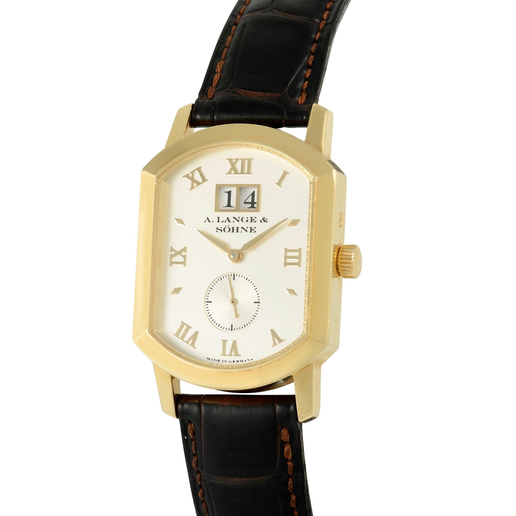 The A. Lange & Sohne Grand Arkade Watch, reference number 106.021, is a sophisticated timepiece with an inherent sense of refinement.

This watch includes an oval-shaped case crafted from 18K Yellow Gold. On the Champagne-colored dial, you’ll find